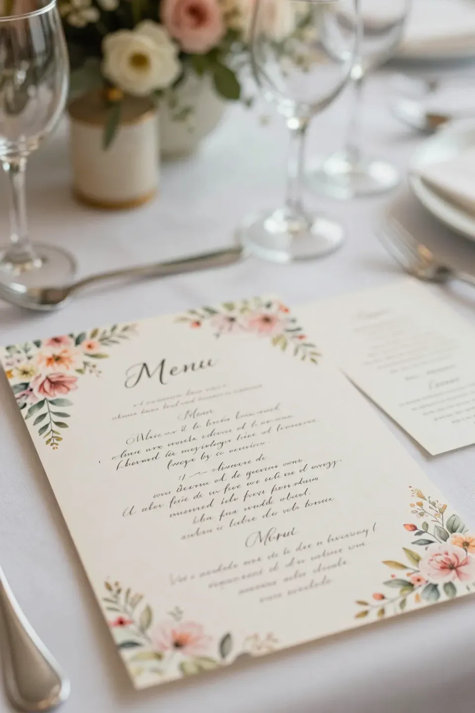 Elegant table setting with handwritten menus featuring floral borders.