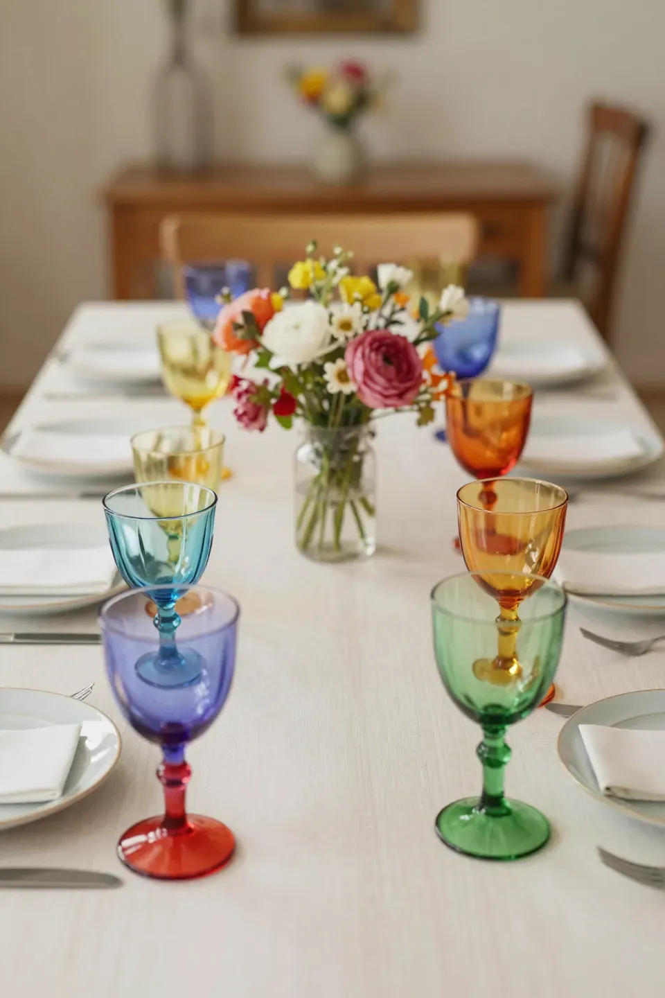 Vibrant table setting with colorful glassware enhancing the festive atmosphere.