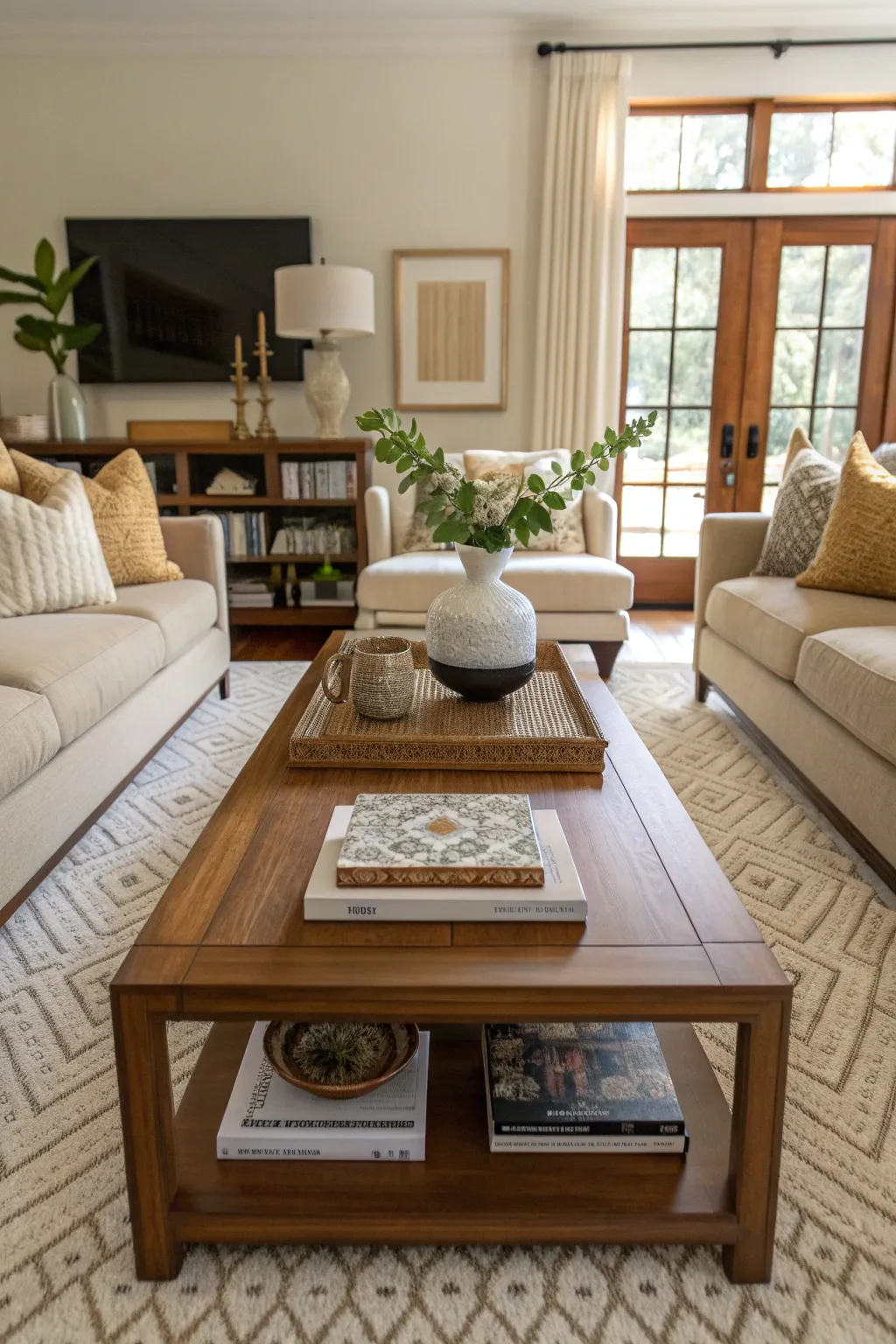 A mid-century modern coffee table in a stylish living room setting.
