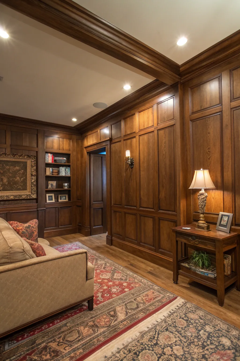 Rich walnut wood-paneled walls in a cozy living room.