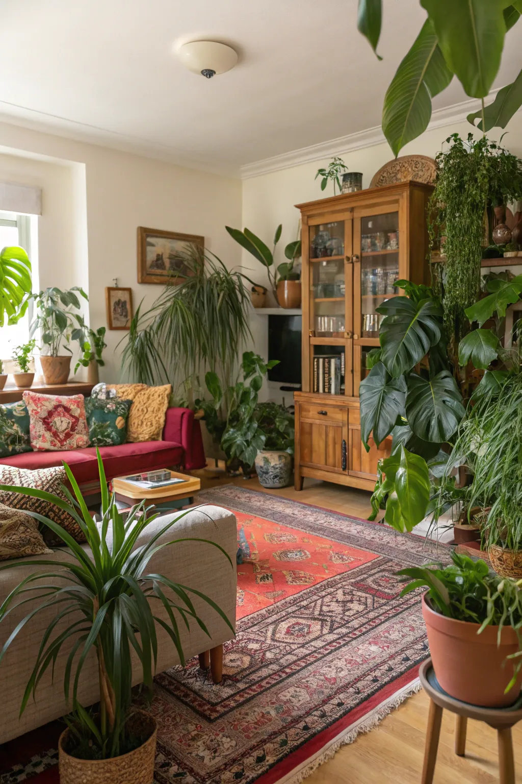 A vibrant living room filled with lush indoor plants.