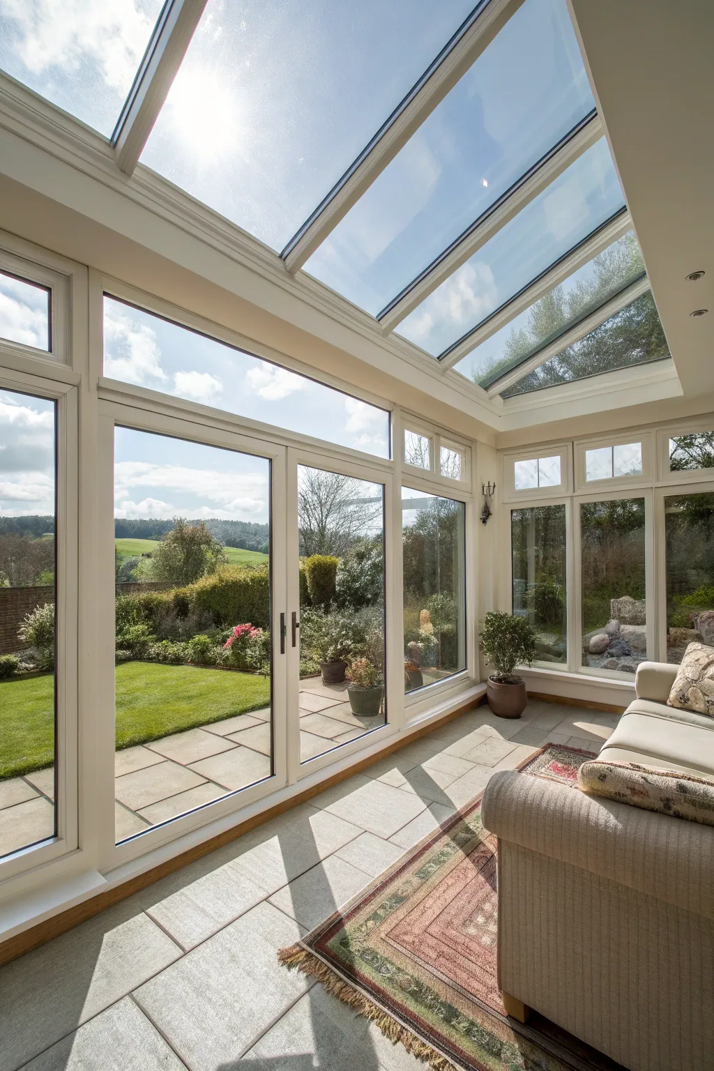 A bright living room with floor-to-ceiling glass panels inviting natural light.