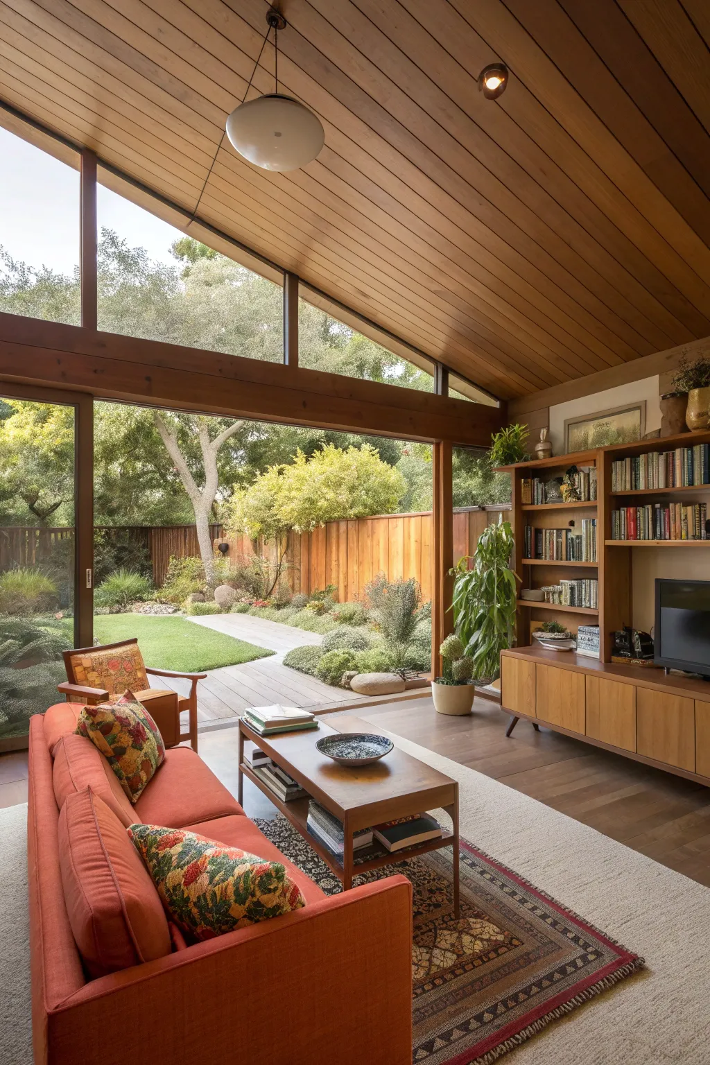A cozy mid-century modern living room with colorful throw blankets draped over a velvet sofa.
