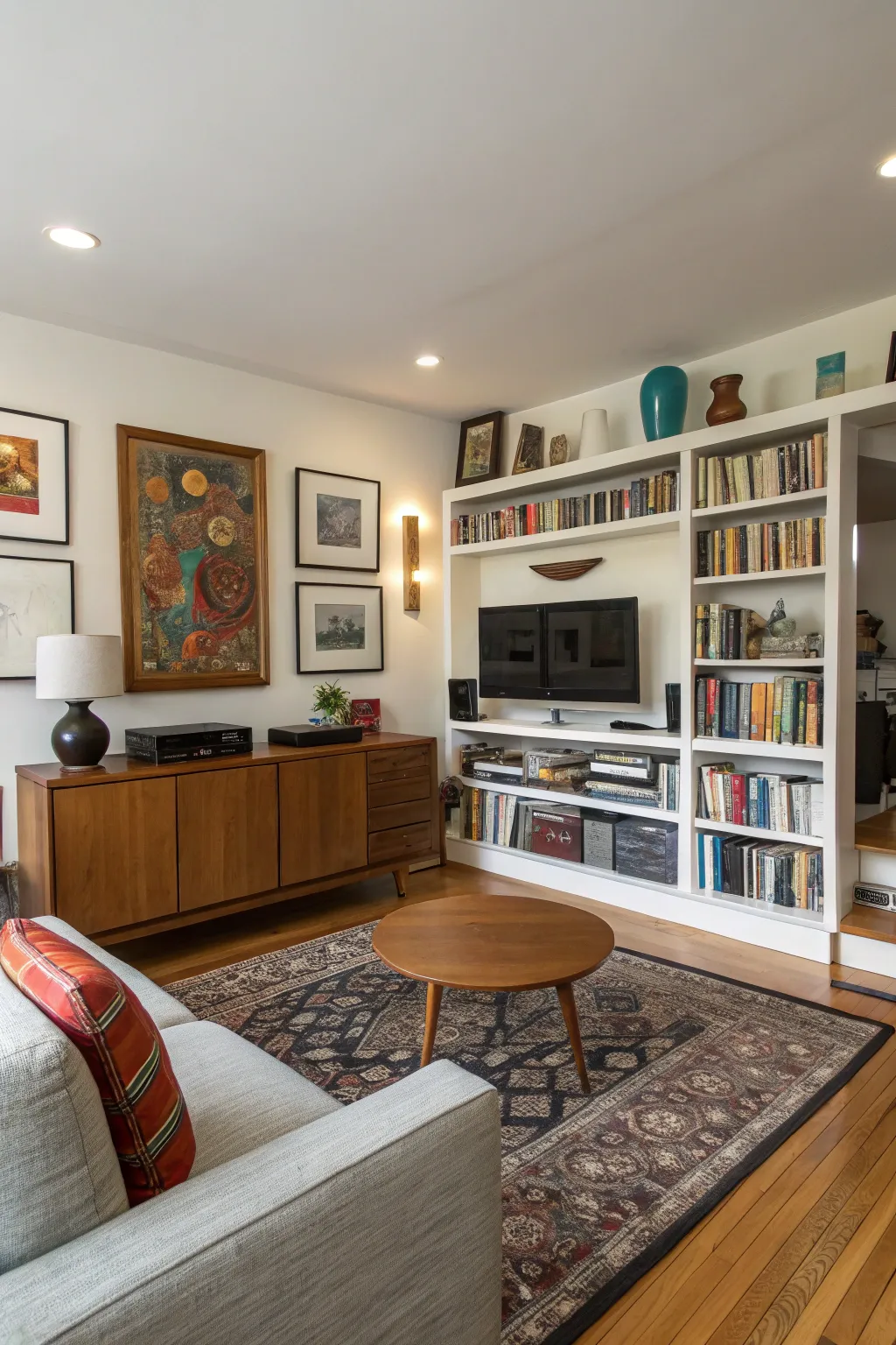 A mid-century modern living room filled with art objects and books showcasing personal style.