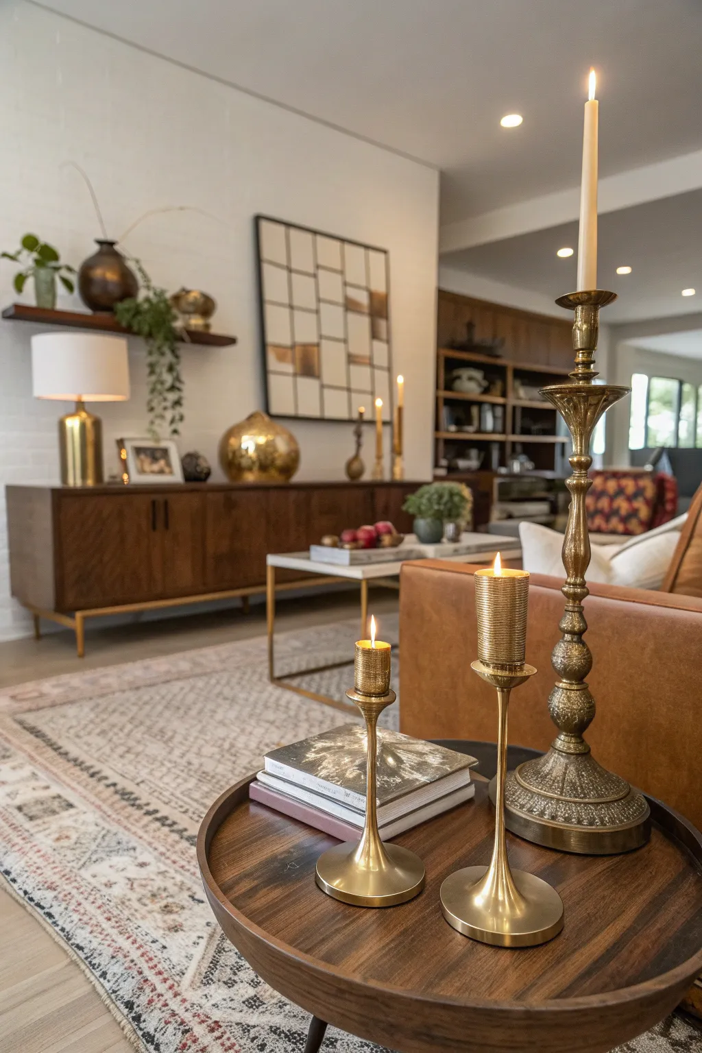 A mid-century modern living room featuring brass accents that add warmth and sophistication.