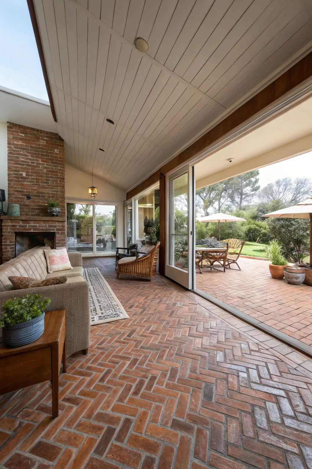 A mid-century modern living room with natural brick flooring extending seamlessly outdoors.