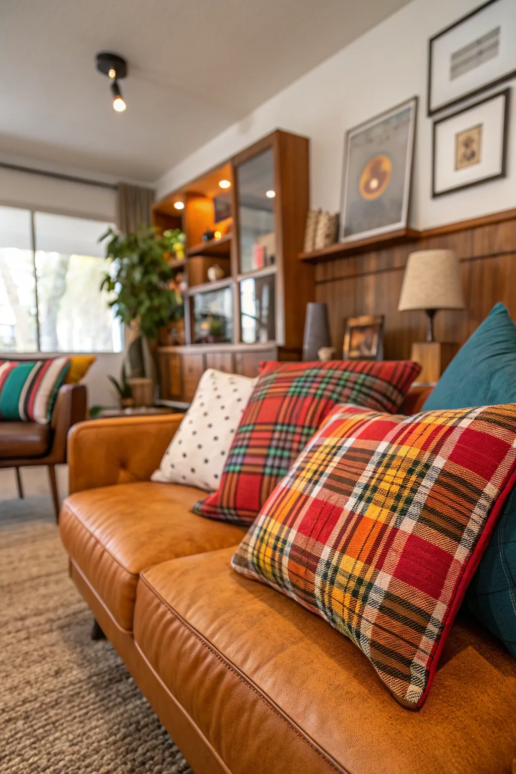 A mid-century modern living room featuring colorful plaid fabrics in throw pillows.