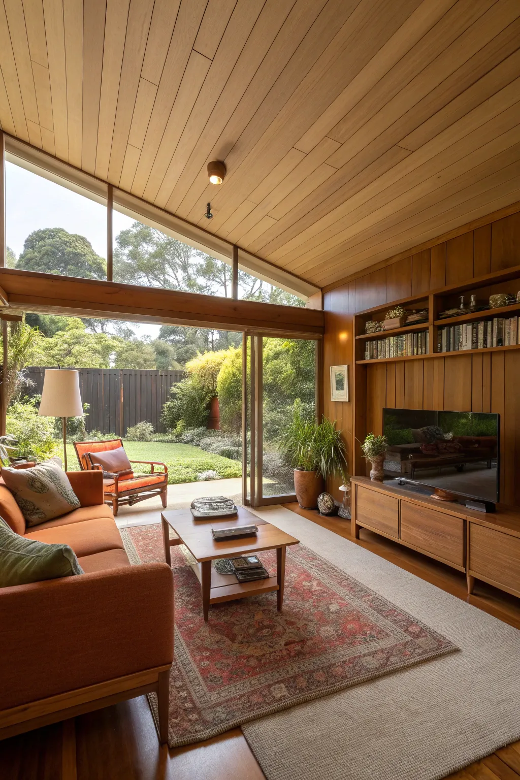 A cozy mid-century modern living room with soft shadows and warm lighting.