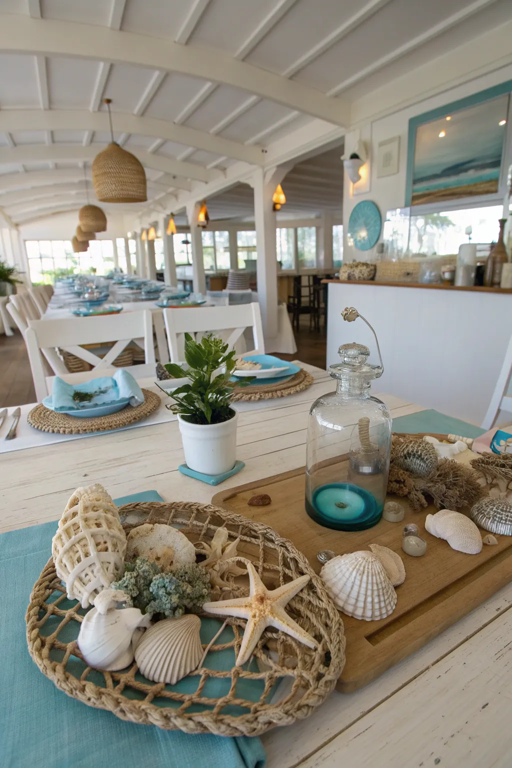 A coastal-inspired table setting with shells and driftwood, evoking a serene beach vibe.