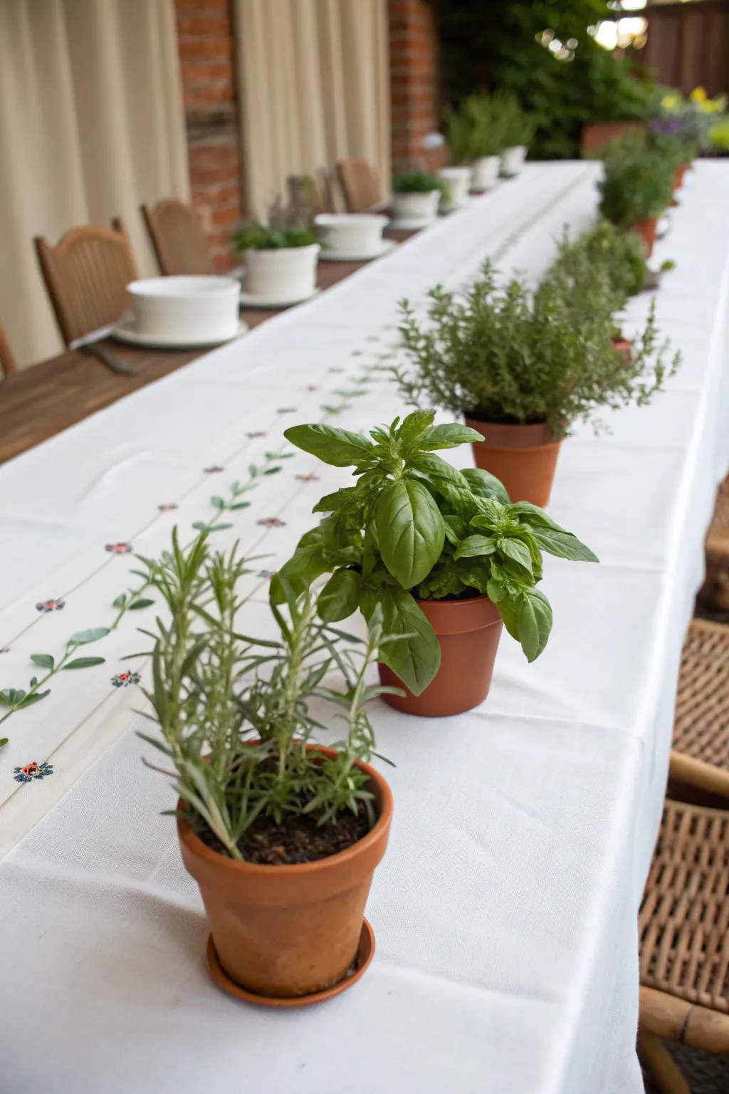 Table setting with a white tablecloth and fresh herb centerpieces, creating a simple and elegant look.