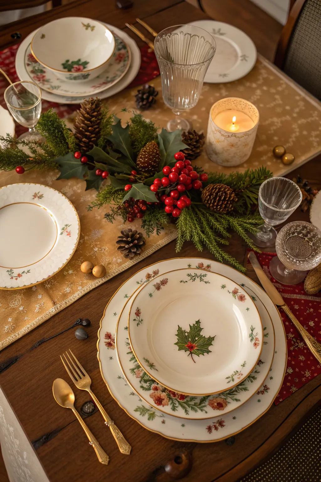 A warm and inviting holiday table setting featuring heirloom china and seasonal decorations.