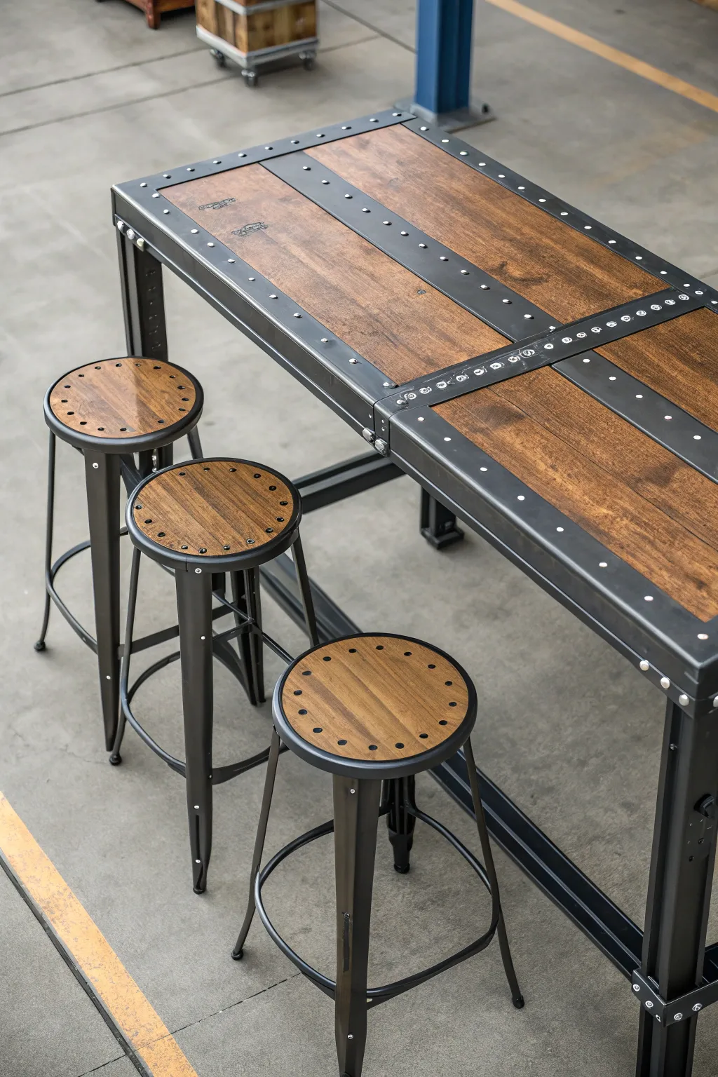 A sleek modern industrial table design featuring metal and wood elements, ideal for contemporary events.