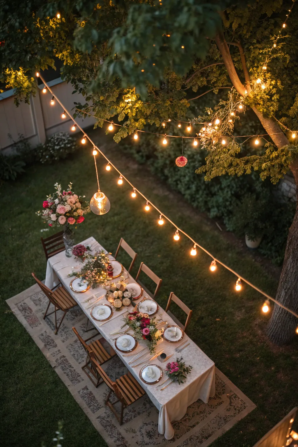A whimsical garden party table setting with fairy lights and floral decorations, perfect for evening gatherings.
