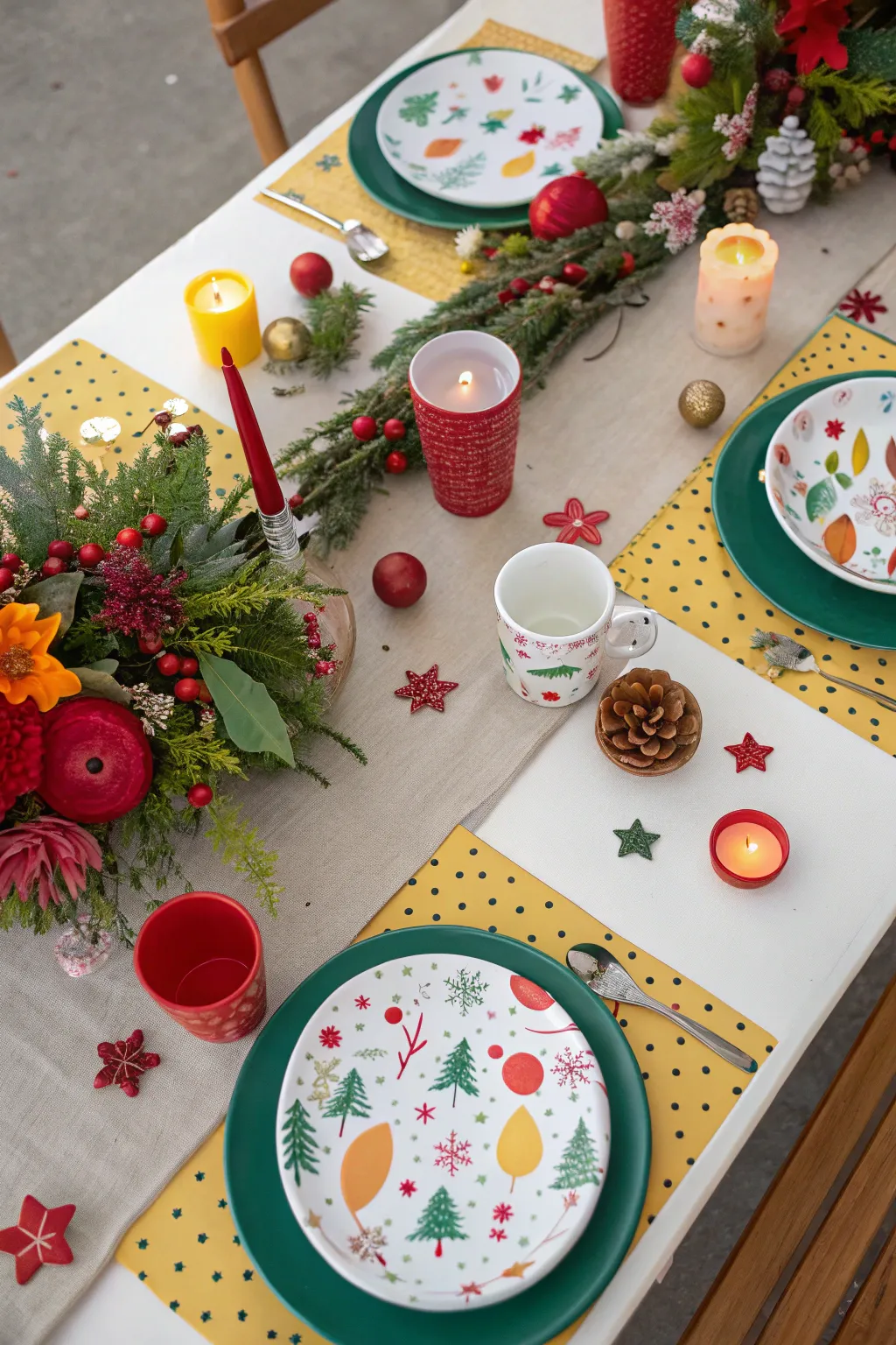A vibrant festive table setting adorned with seasonal decorations, perfect for celebrations.
