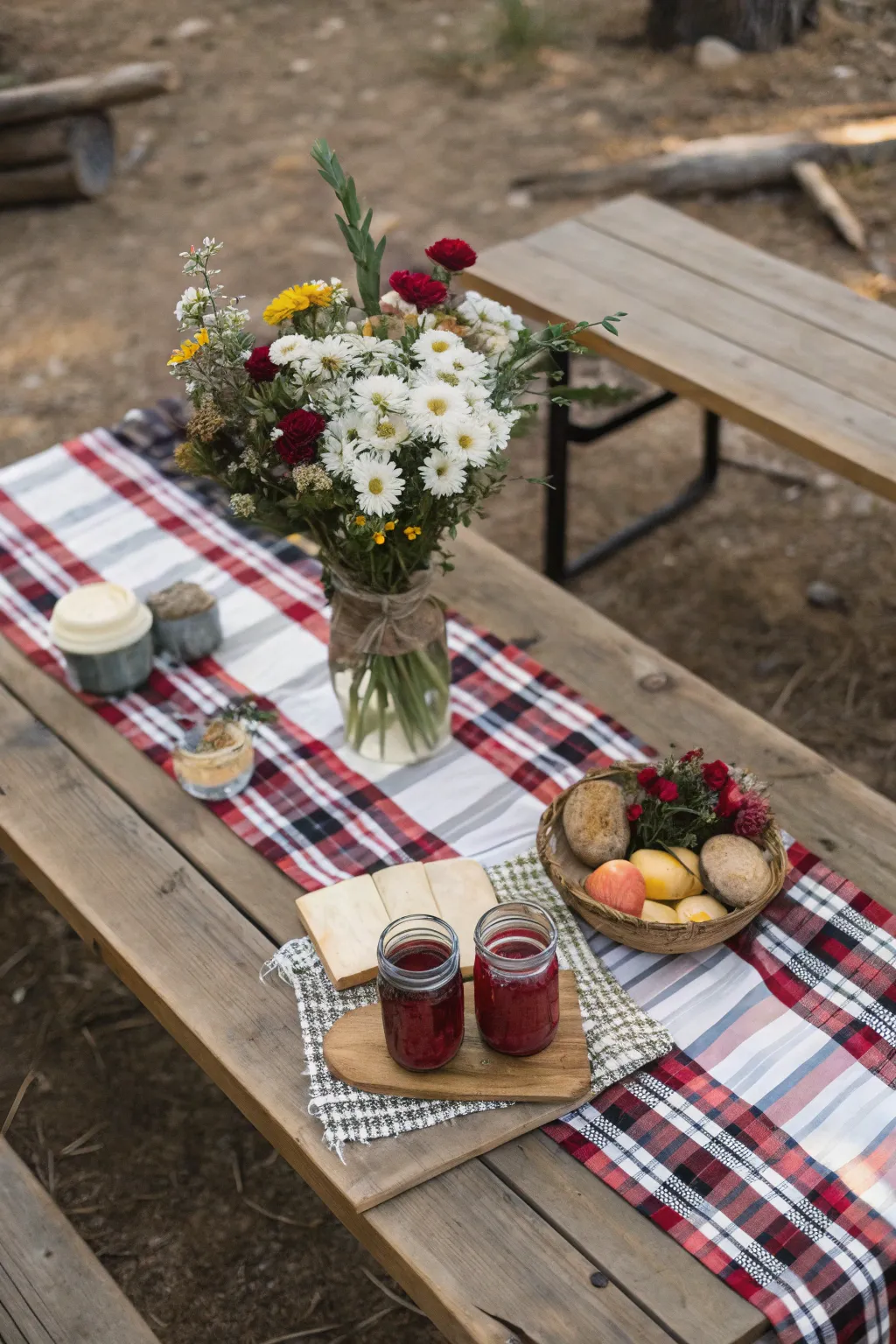 A cozy rustic picnic table setting with plaid elements and mason jars, perfect for outdoor gatherings.