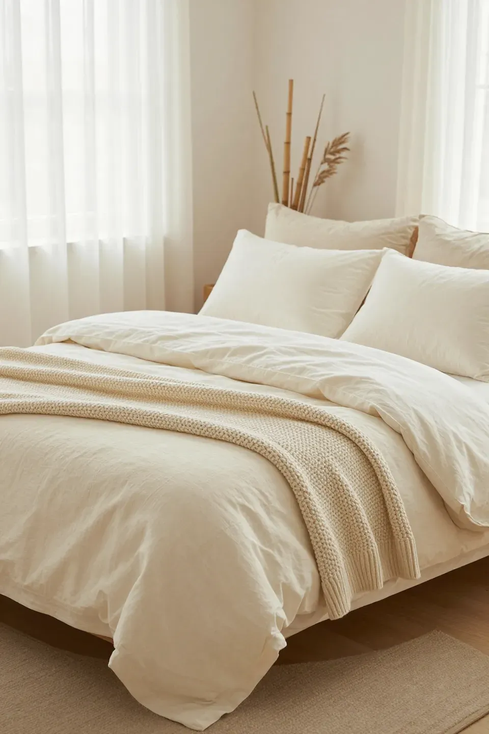 A cozy bedroom with layered off-white and cream linen bedding creating a serene retreat.