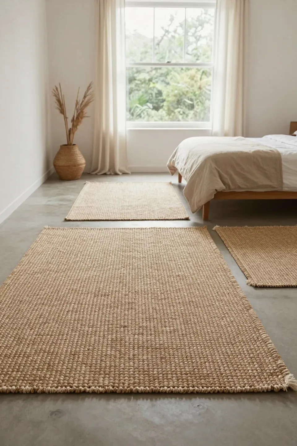 A cozy bedroom with woven jute rugs adding texture and warmth to the space.