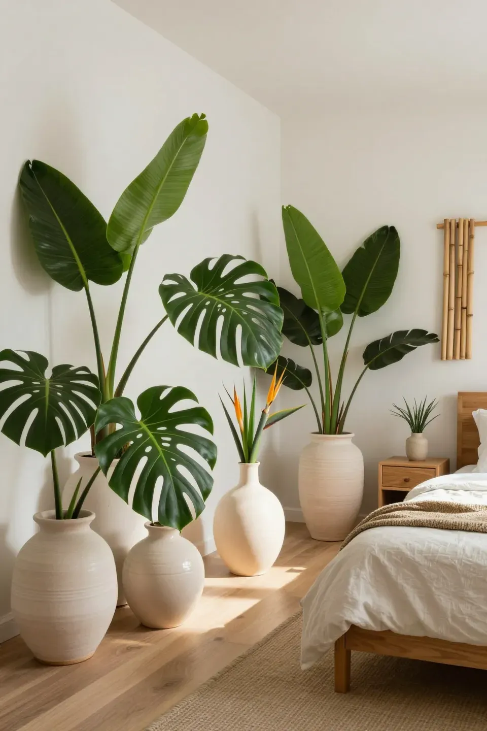 A serene bedroom featuring ceramic vases filled with tropical greenery for a lively touch.