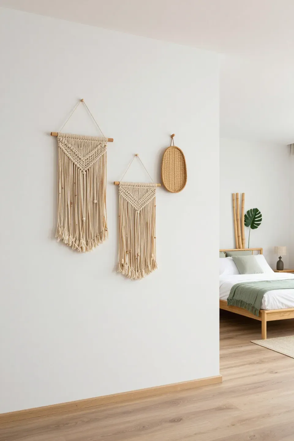 A tranquil bedroom featuring minimal wall decor made from natural fibers for an airy feel.