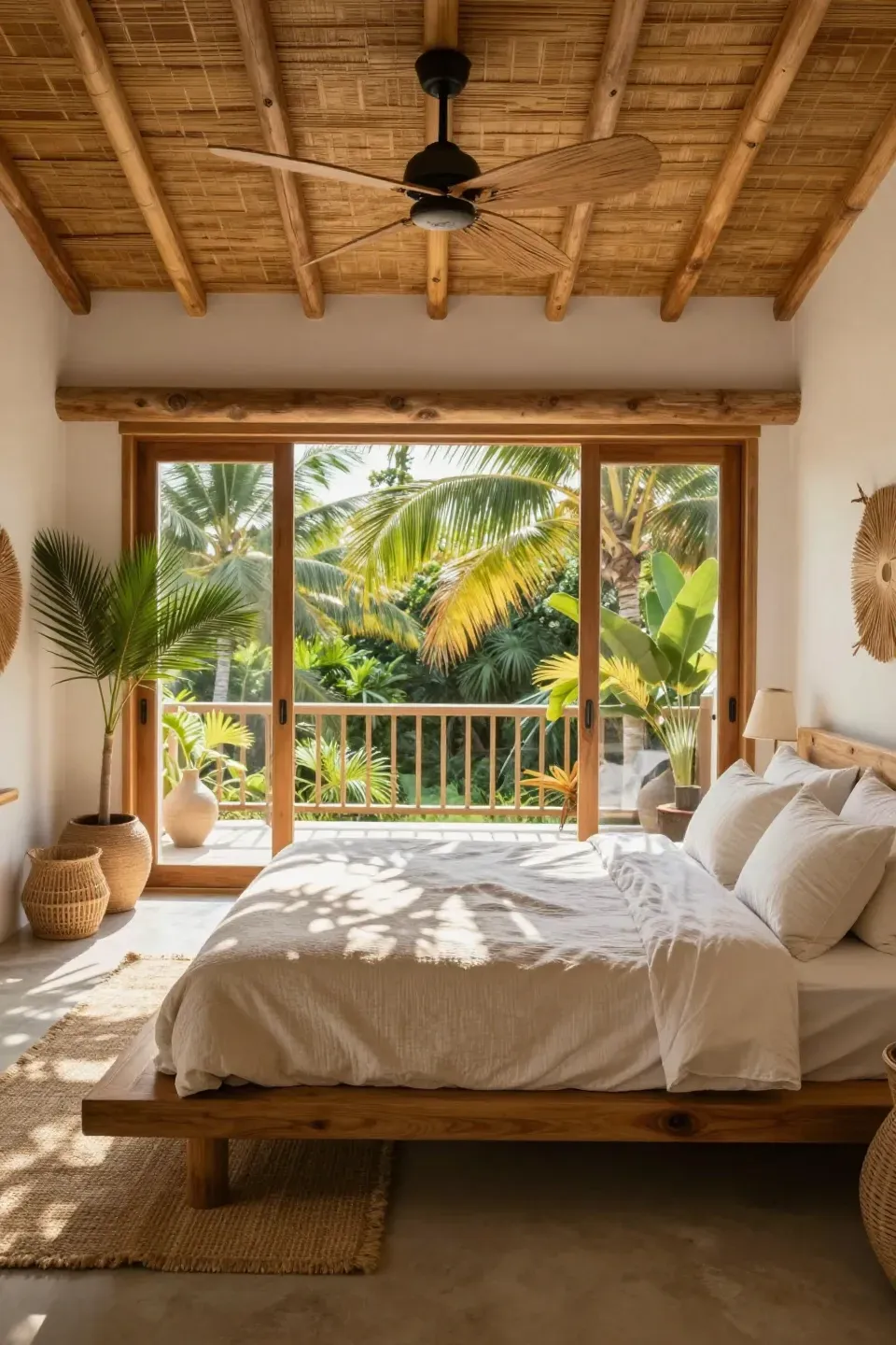 A serene tropical bamboo bedroom featuring rattan baskets and palm trees.