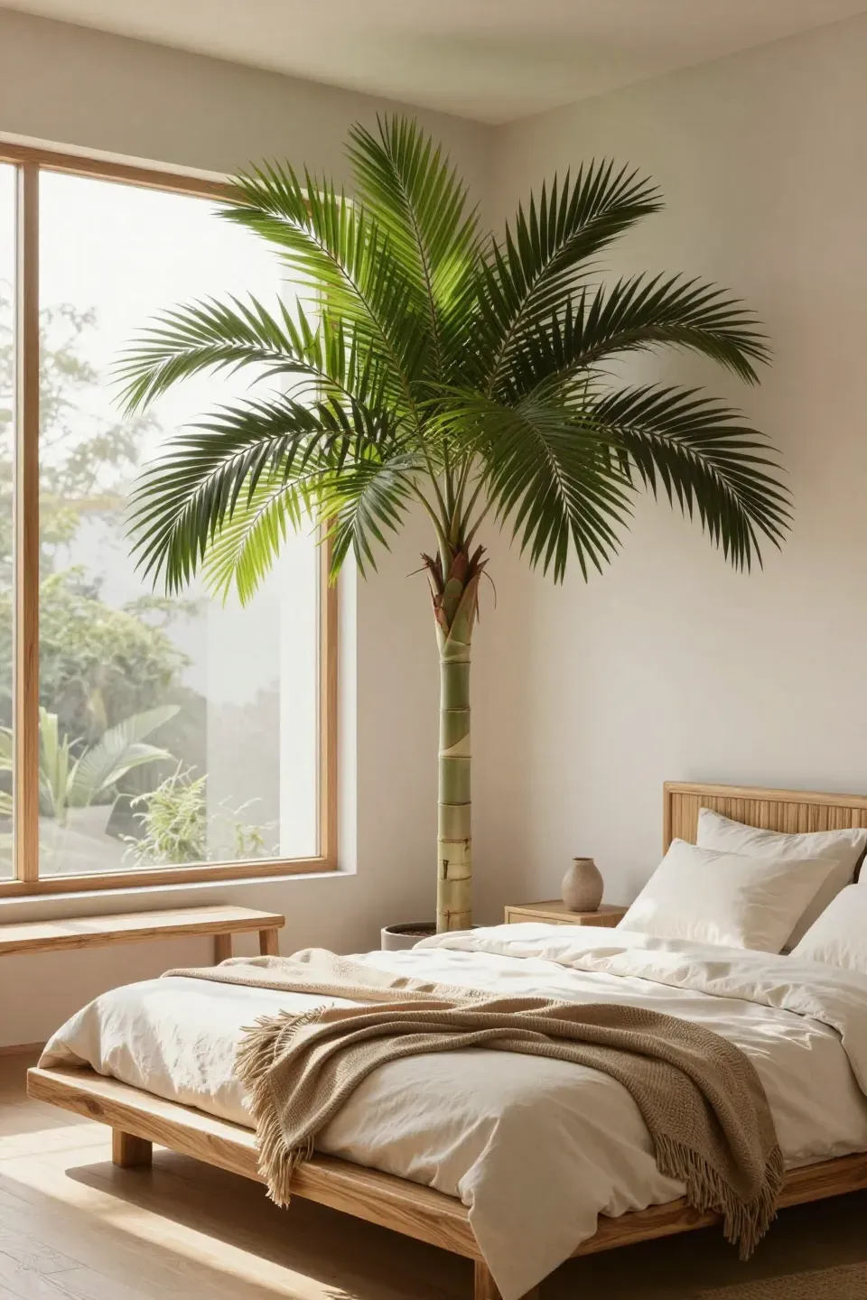 A tranquil bamboo bedroom featuring a tall indoor palm plant by the window.
