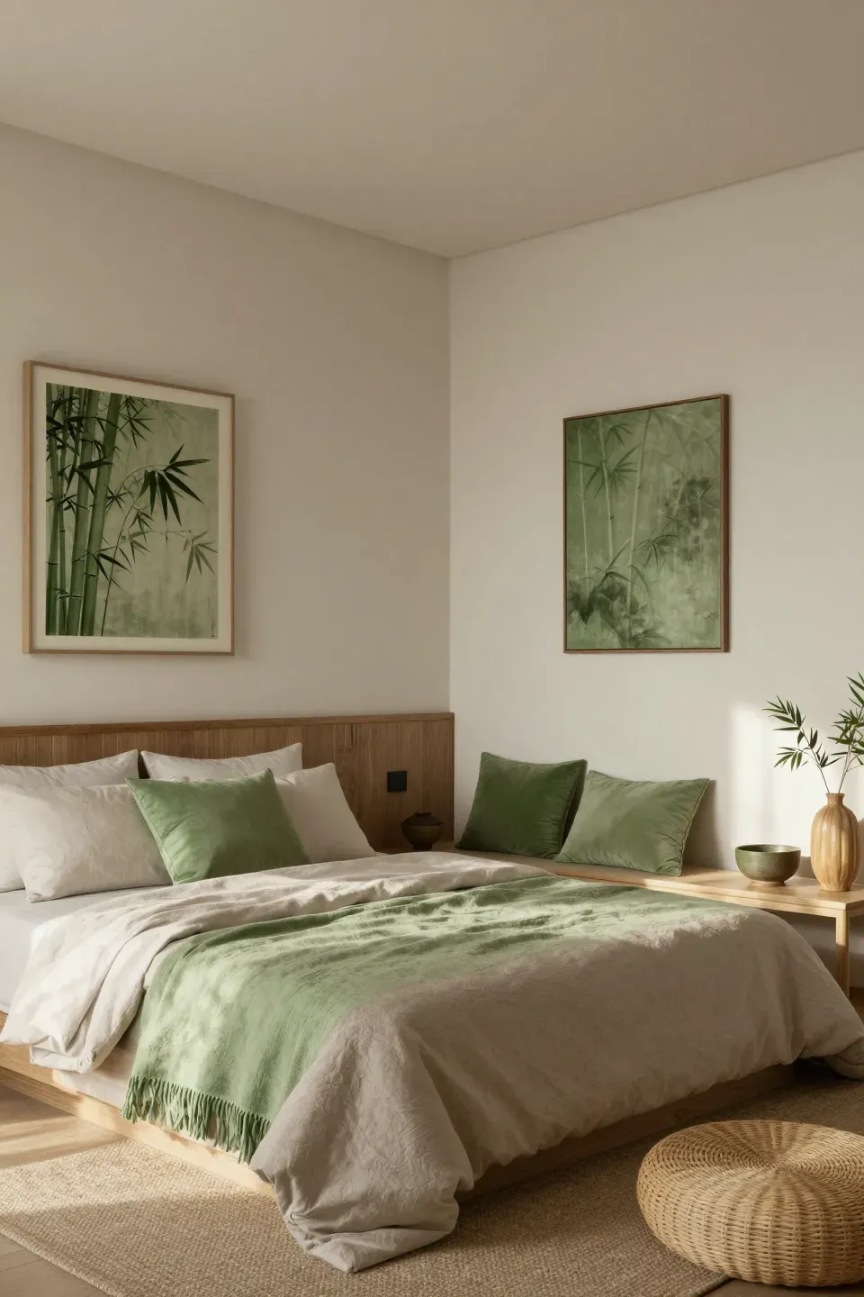 A serene bamboo bedroom featuring muted green accents for a calming effect.