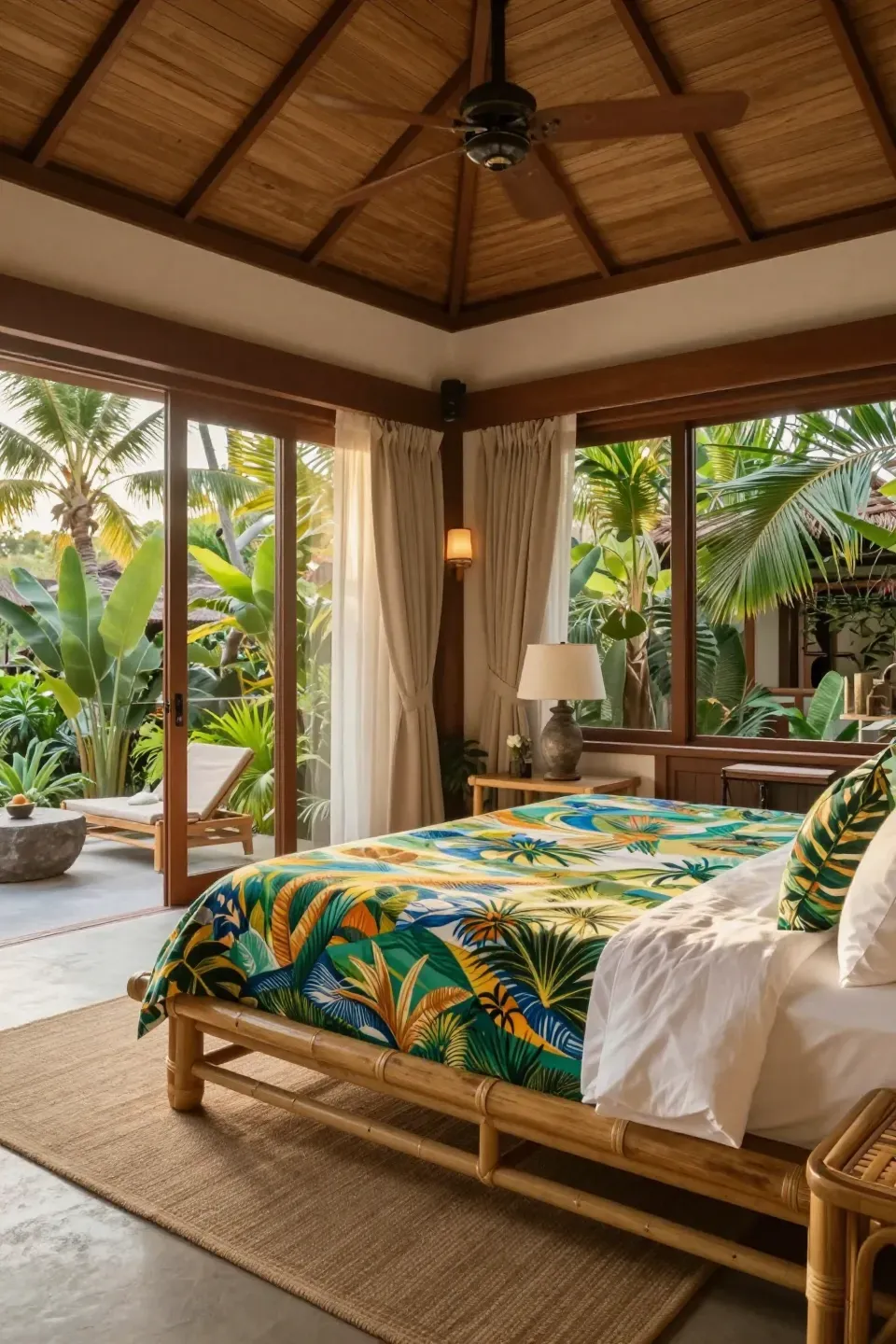 A tranquil bedroom showcasing Bali style with bamboo and natural materials.