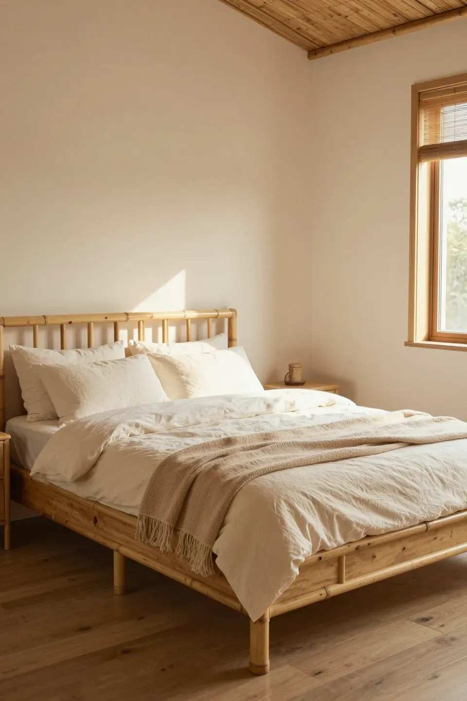 A cozy bamboo bedroom blending soft textures with bamboo elements.