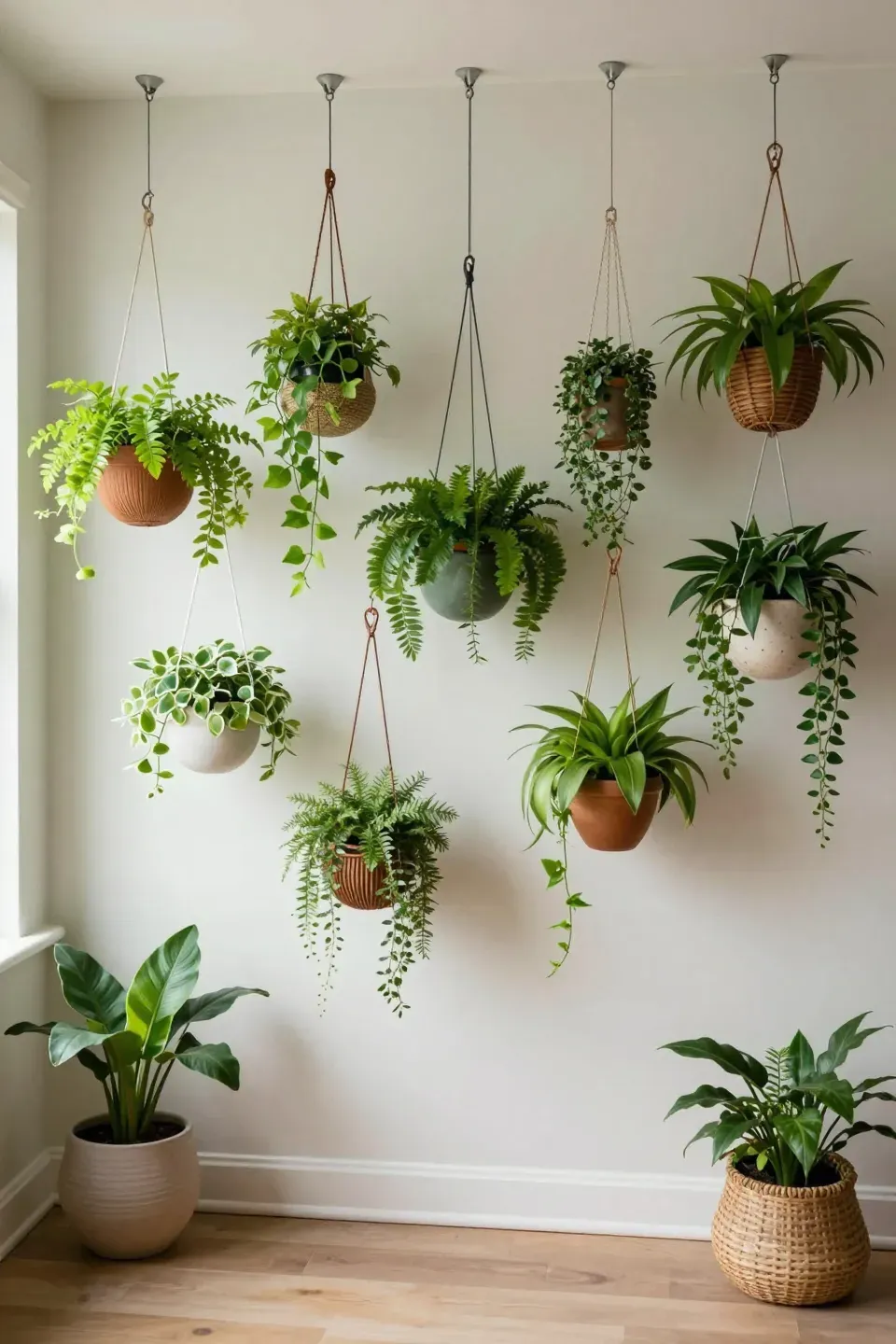 Vibrant display of hanging plants in decorative planters creating a lush atmosphere.