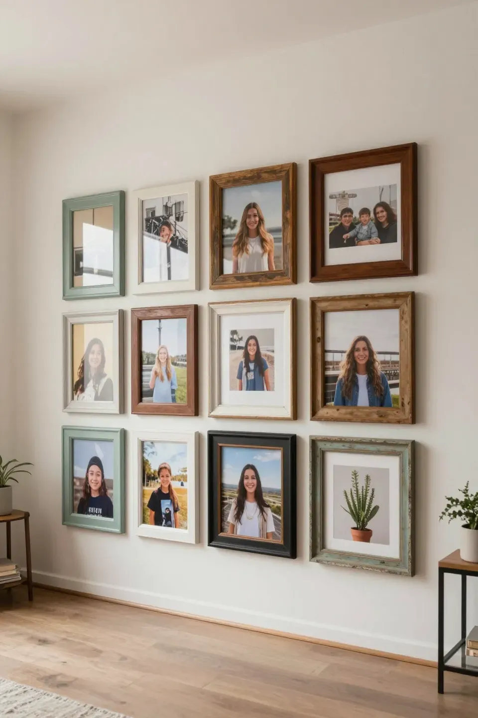 Creative display using repurposed window frames showcasing photos and art.