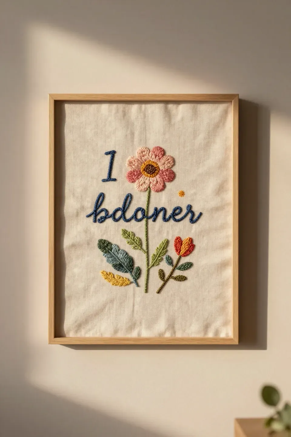 Framed DIY fabric wall art featuring intricate embroidery on a neutral wall.