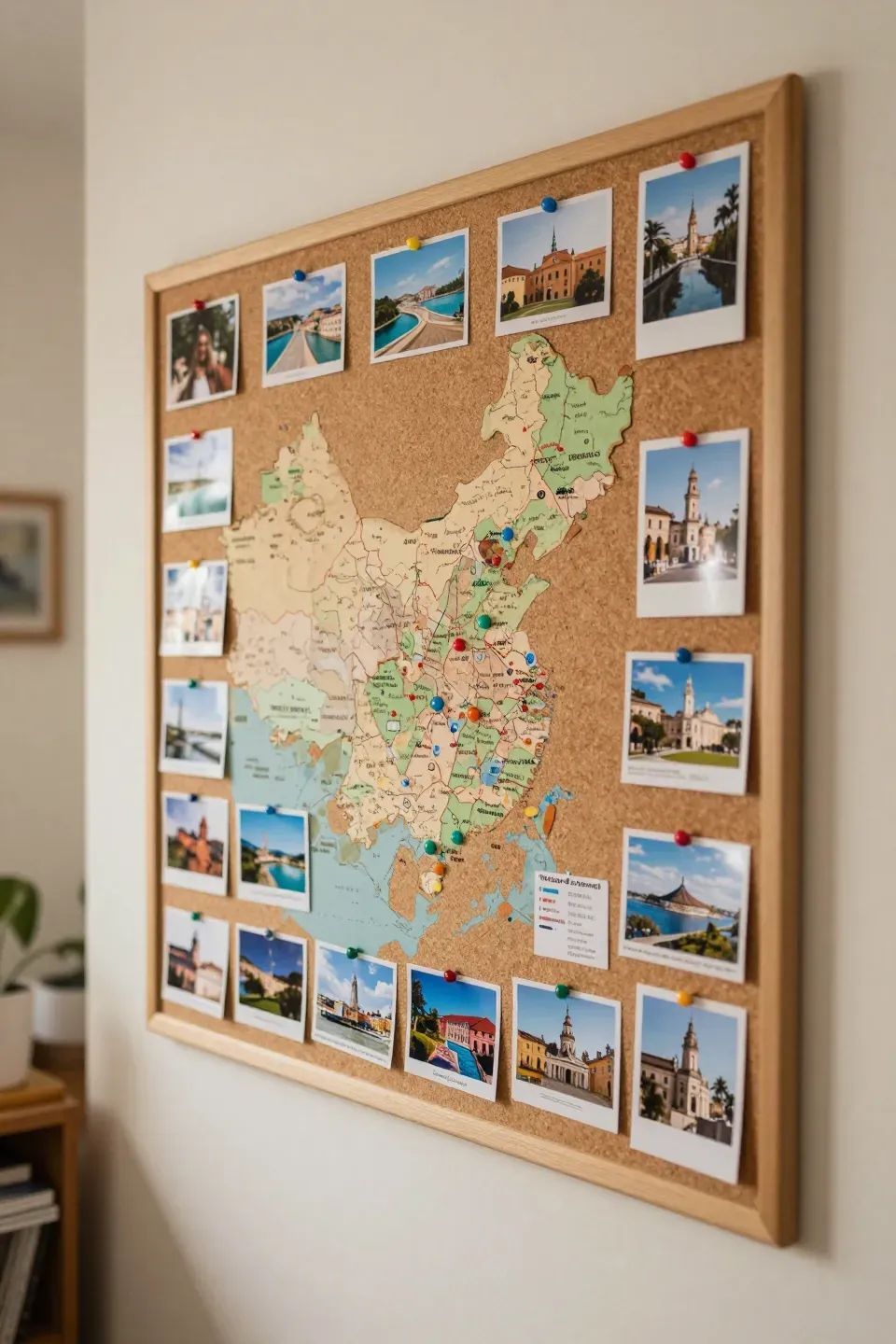 A corkboard map displaying travel memories with pinned photos and postcards.