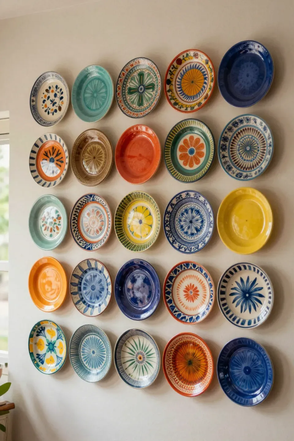 An artistic display of upcycled plates on a wall, showcasing vibrant patterns and colors.