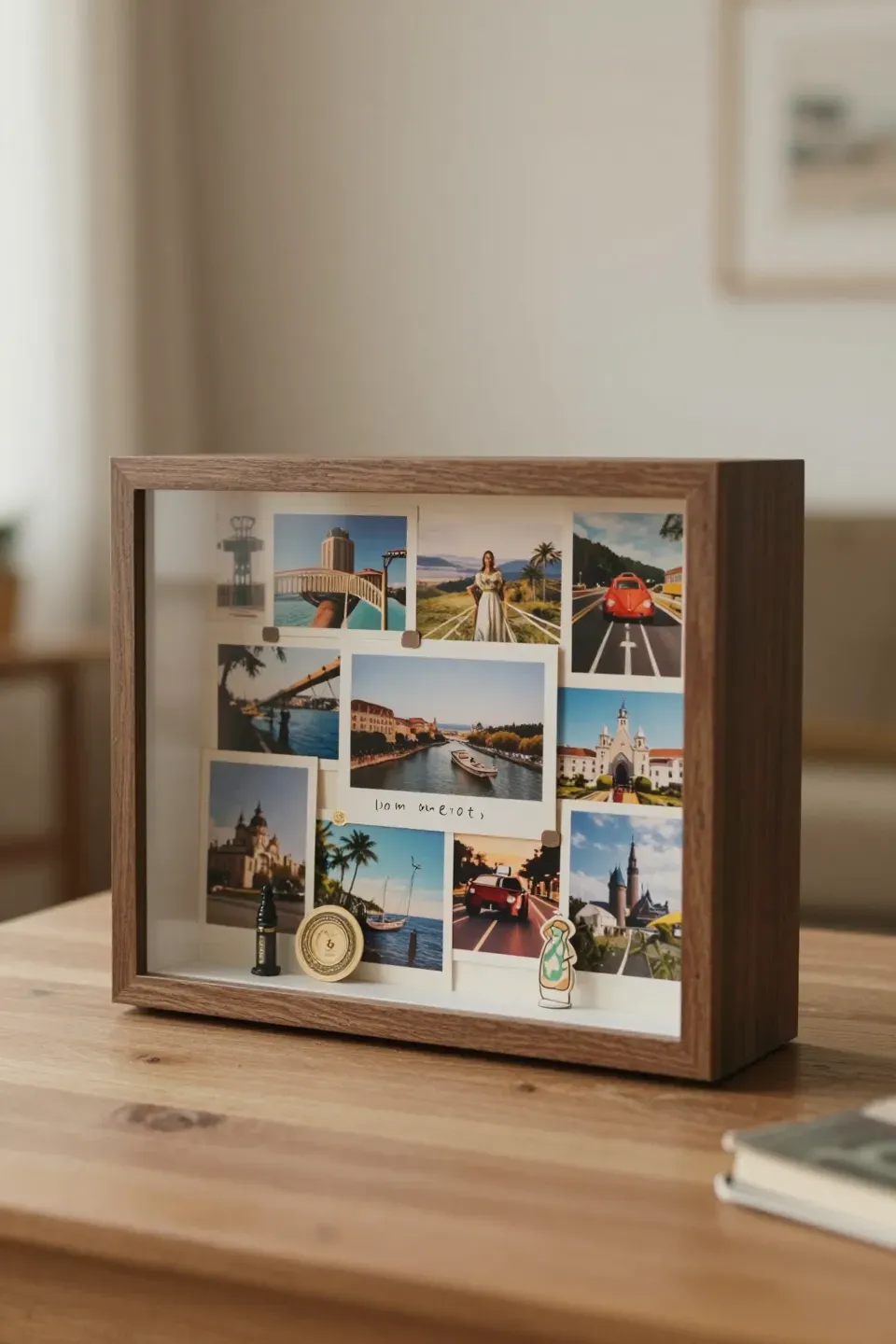 A shadow box filled with cherished memories, displaying photos and souvenirs.