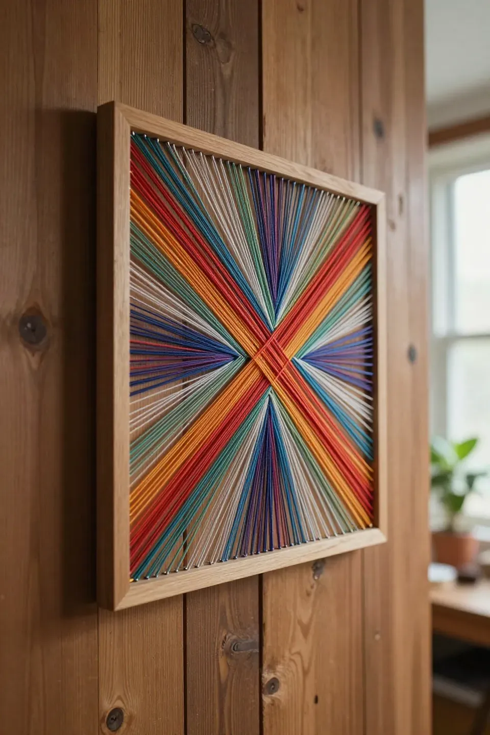Colorful DIY string art piece on a rustic wooden wall