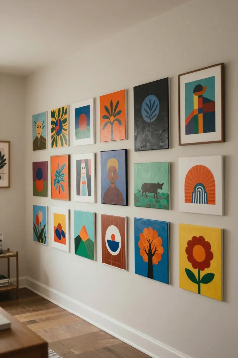 Curated gallery wall displaying local artists' artworks