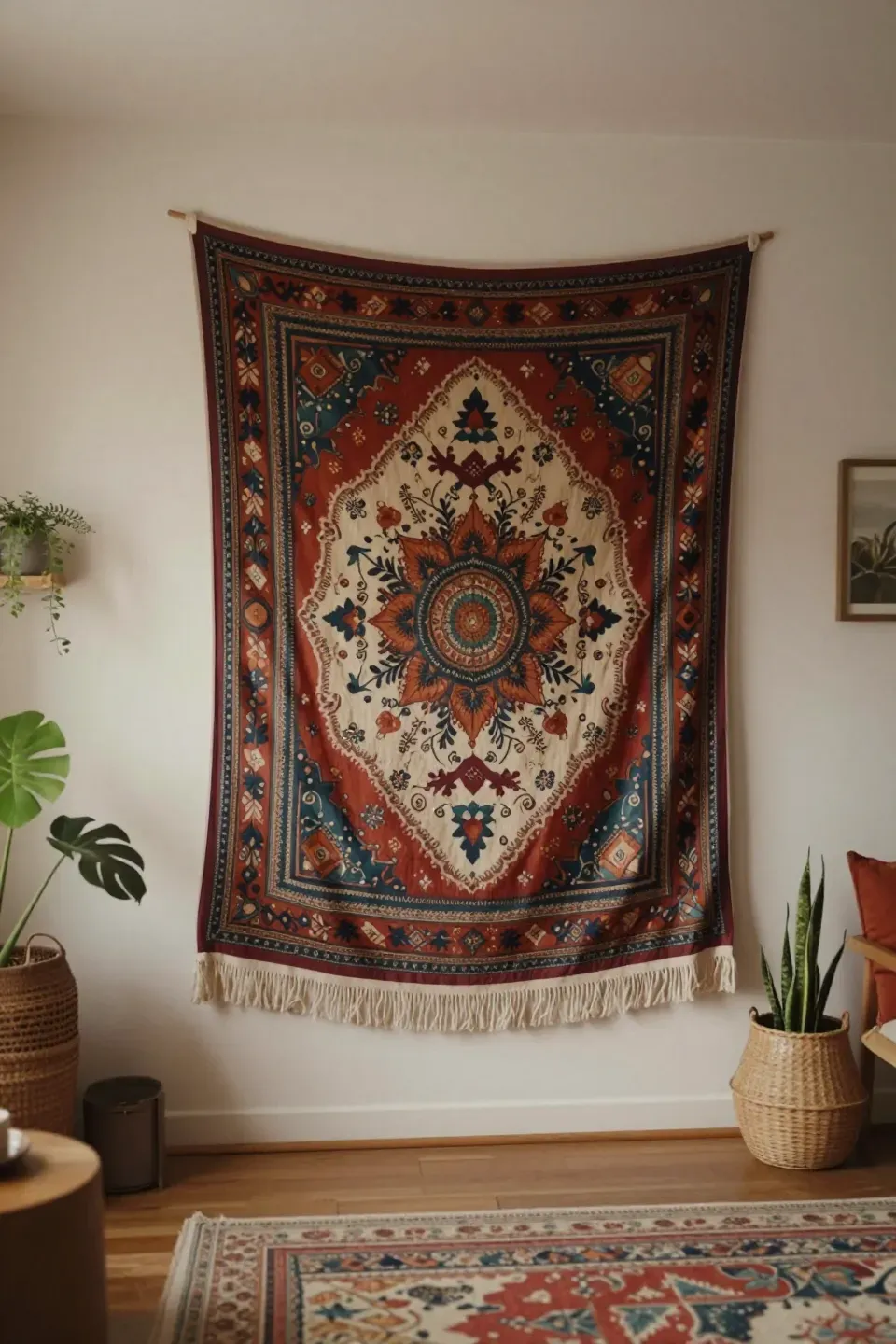 Cozy interior with hanging tapestries creating bohemian vibes