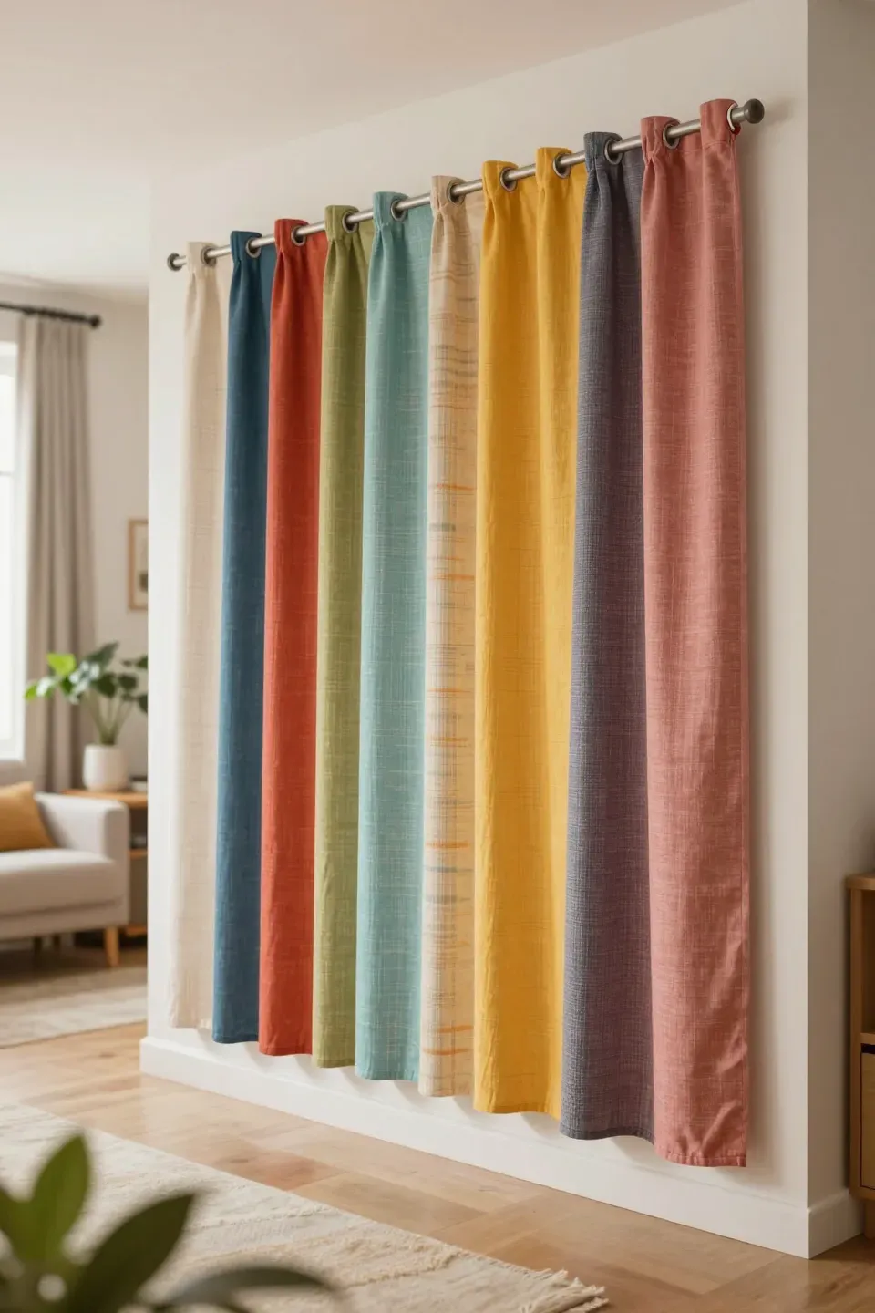 Bright room featuring seasonal fabric panels adding color and texture