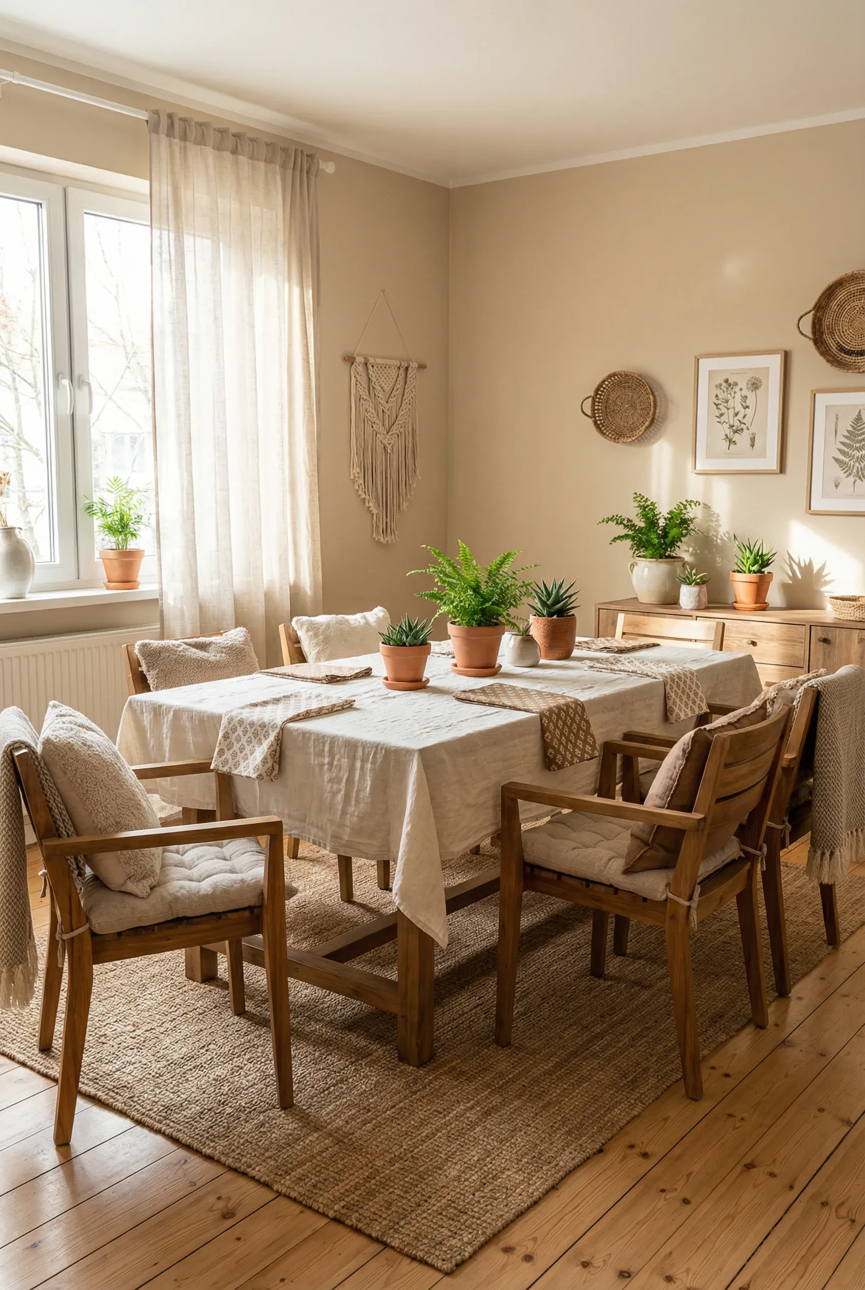 A cozy dining room featuring layered textiles in soft earth tones.