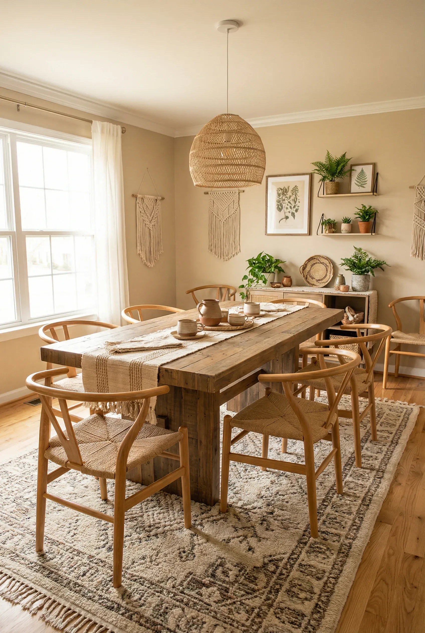 Curved wooden chairs with woven seats around a rustic dining table in a cozy room.