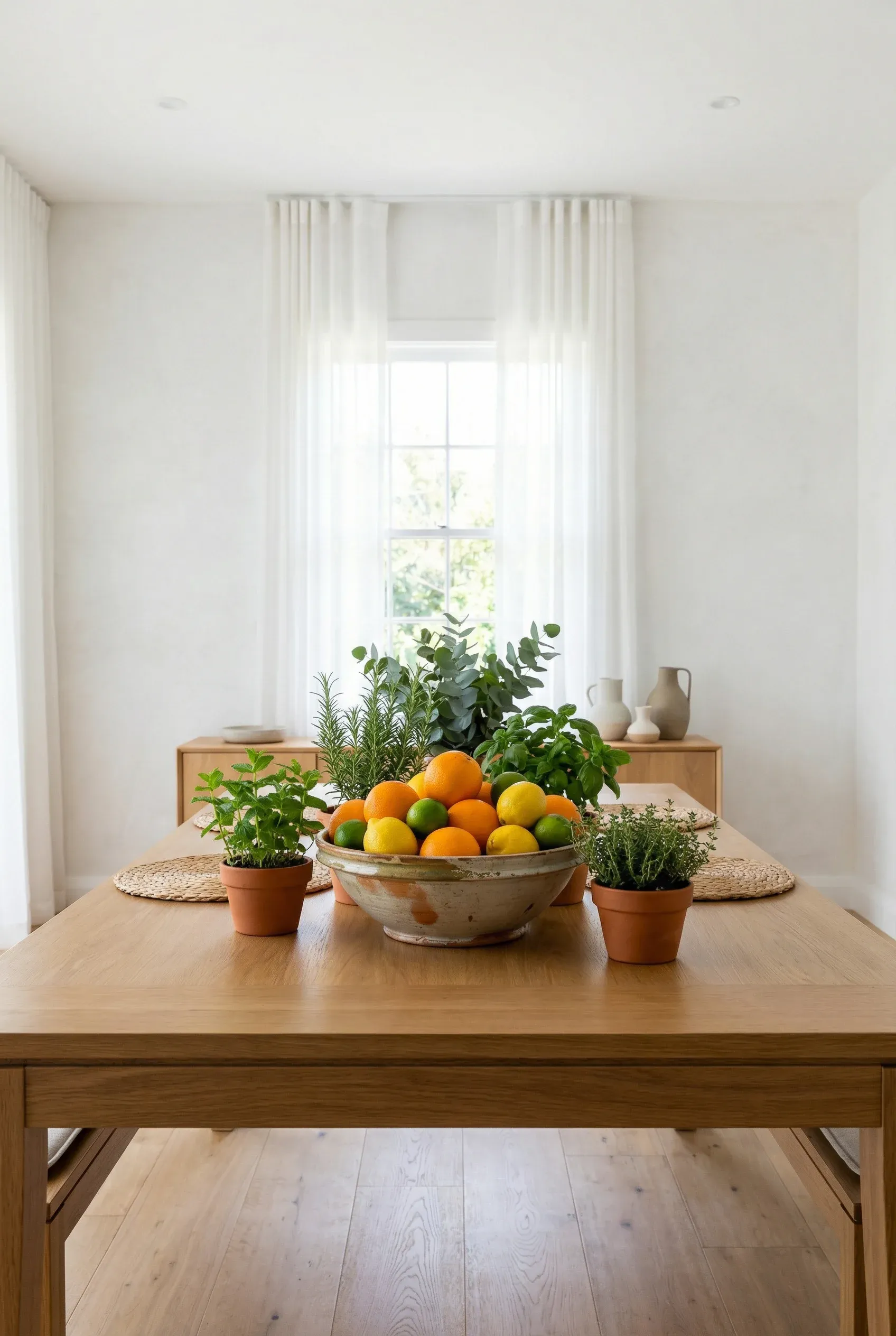 A vibrant dining table centerpiece featuring citrus fruits and greens in a stylish dining room.