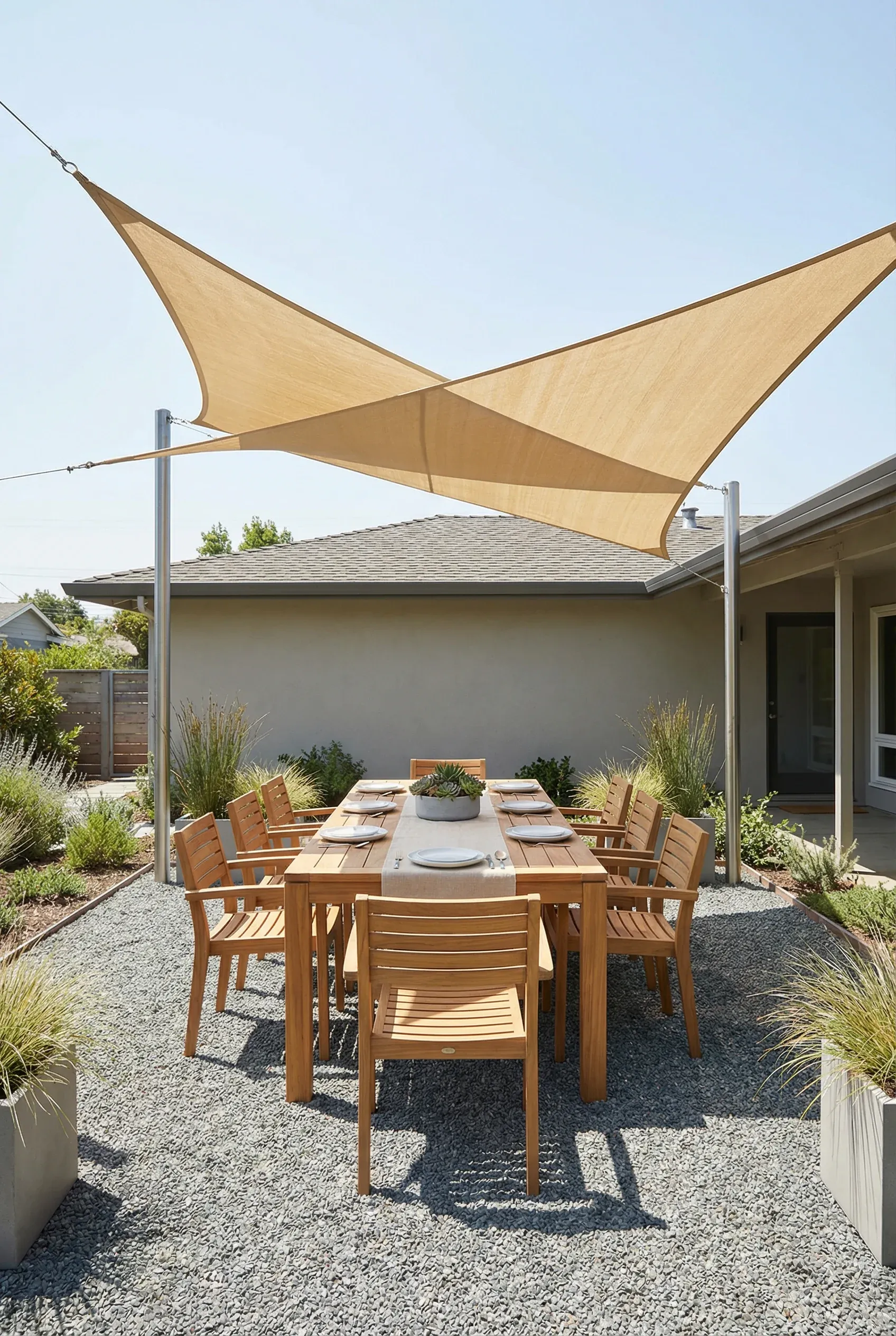 Teak dining furniture on gravel patio beneath triangular shade sails in modern garden