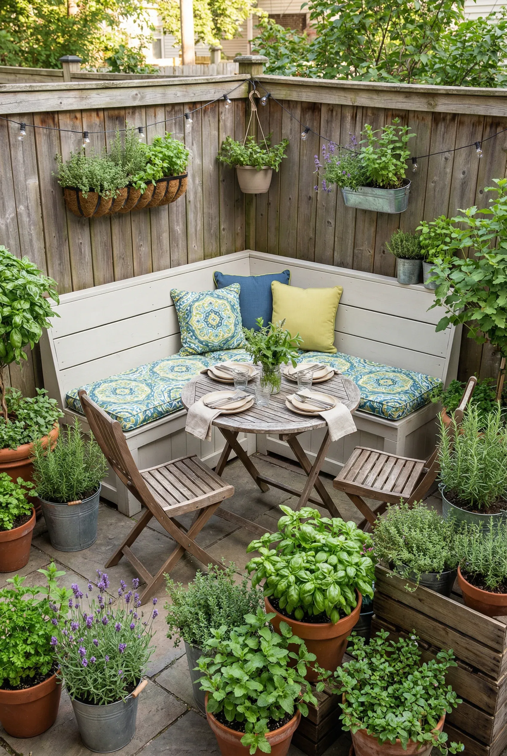Cozy corner dining nook with L-shaped bench and herb planters in small garden space