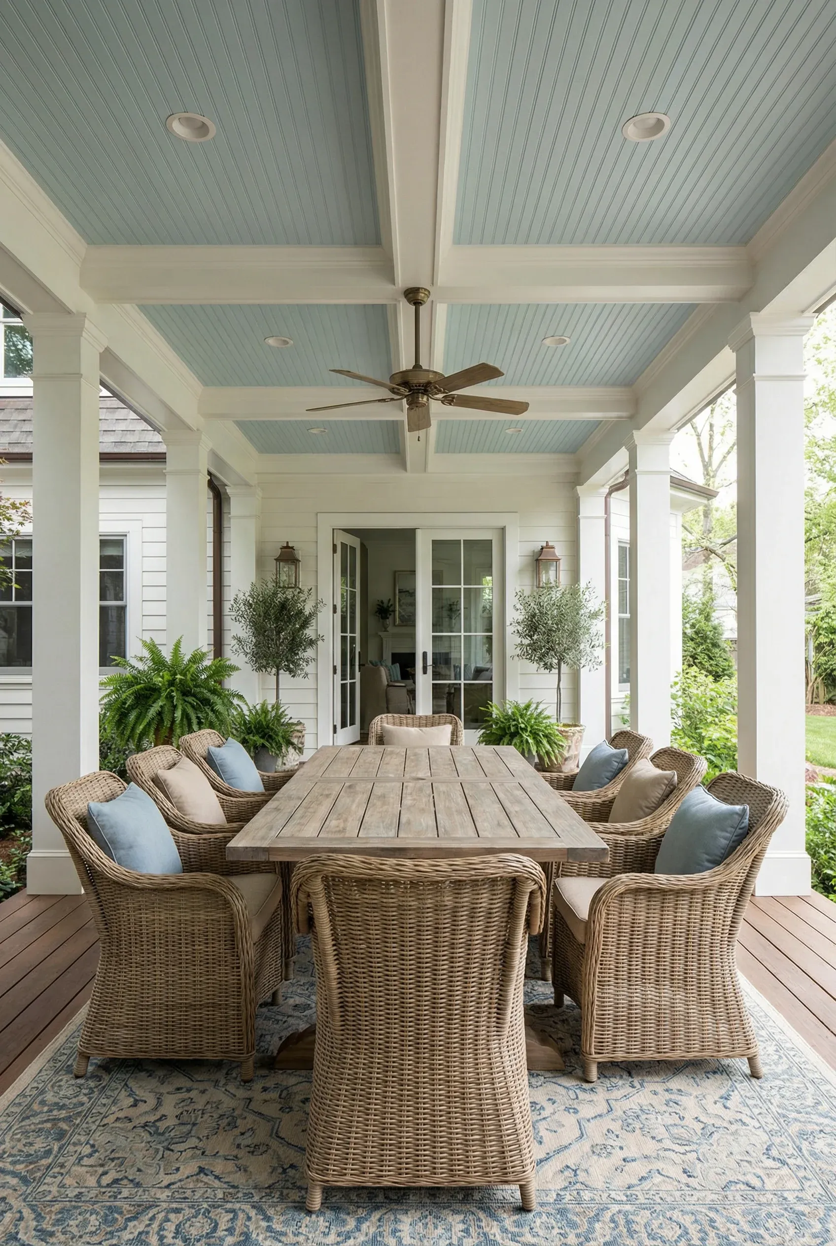 Covered porch dining area with wicker chairs and ceiling fan creating year-round outdoor room