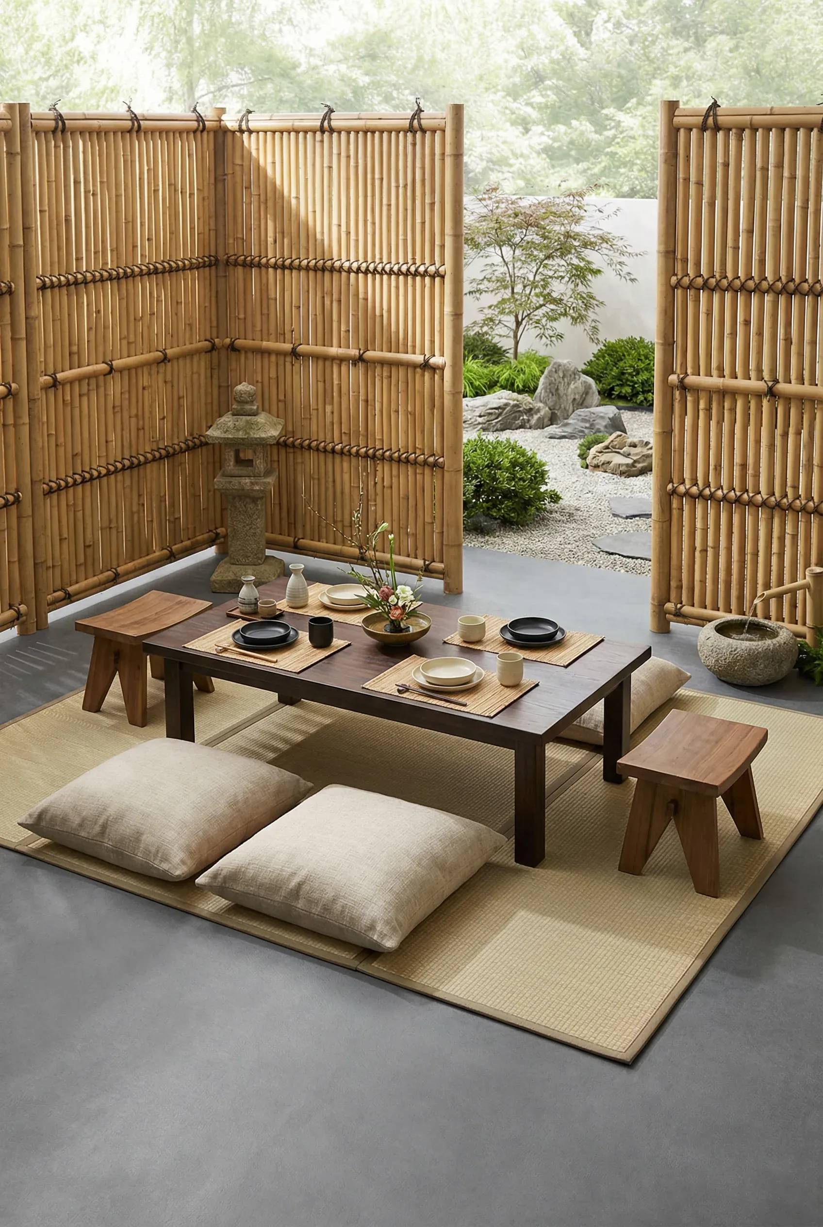 Asian-inspired garden dining with bamboo privacy screens and low table with floor cushions