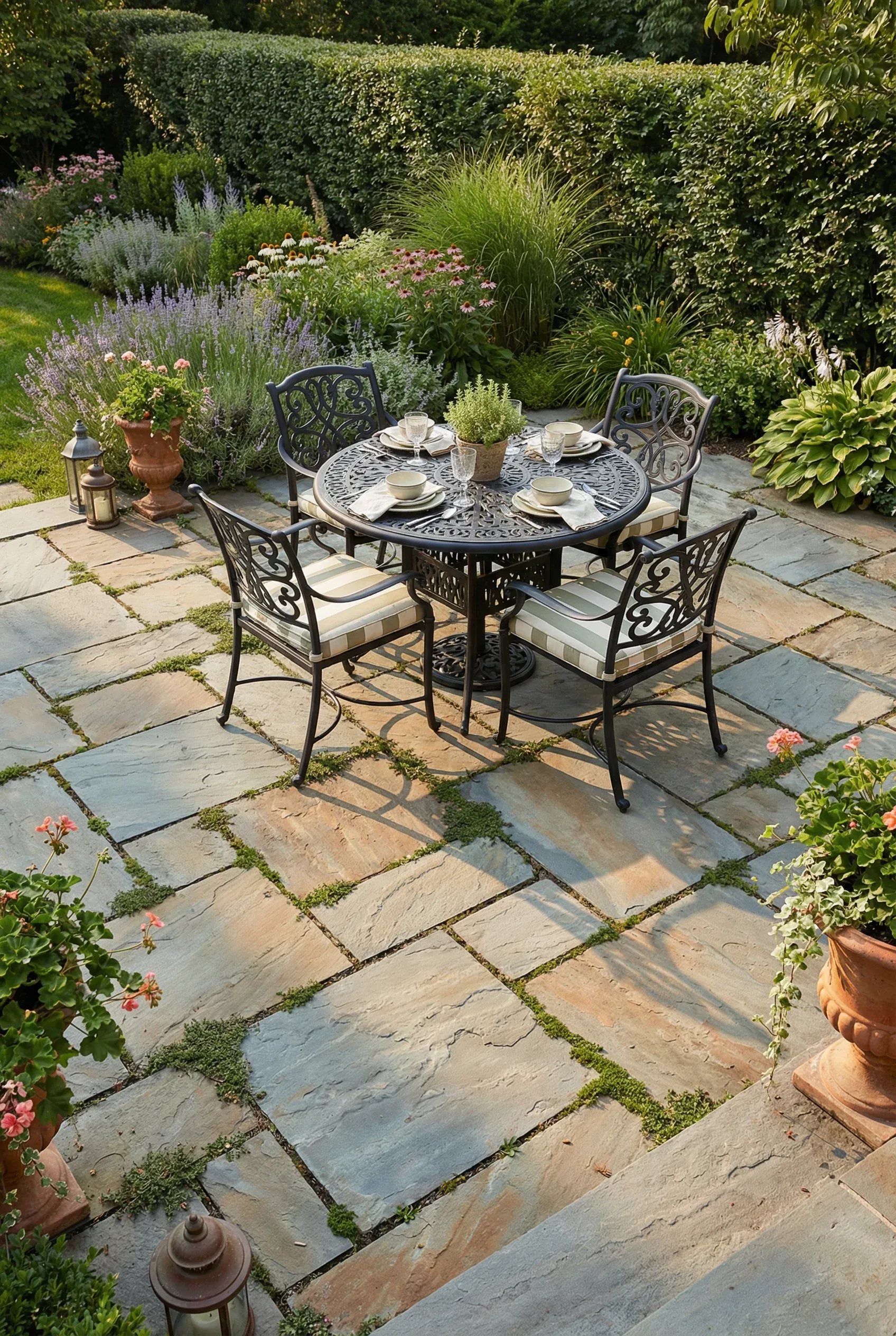Flagstone patio dining area with wrought iron furniture and planted stone joints