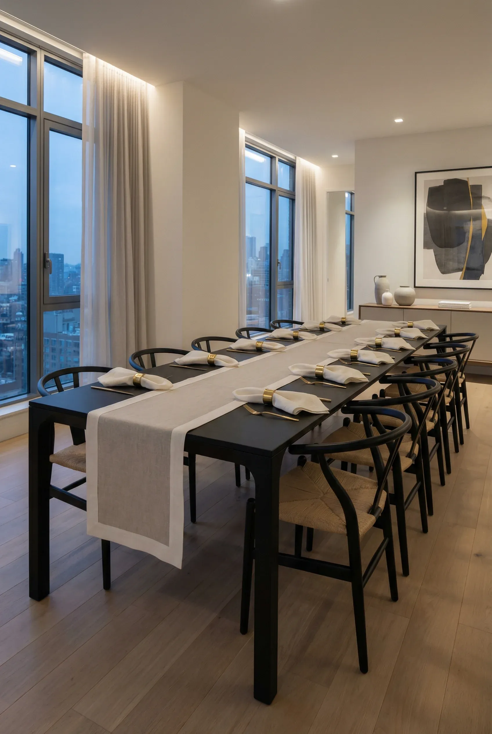 Ivory linen napkins with brass rings on a black table in a modern dining room.