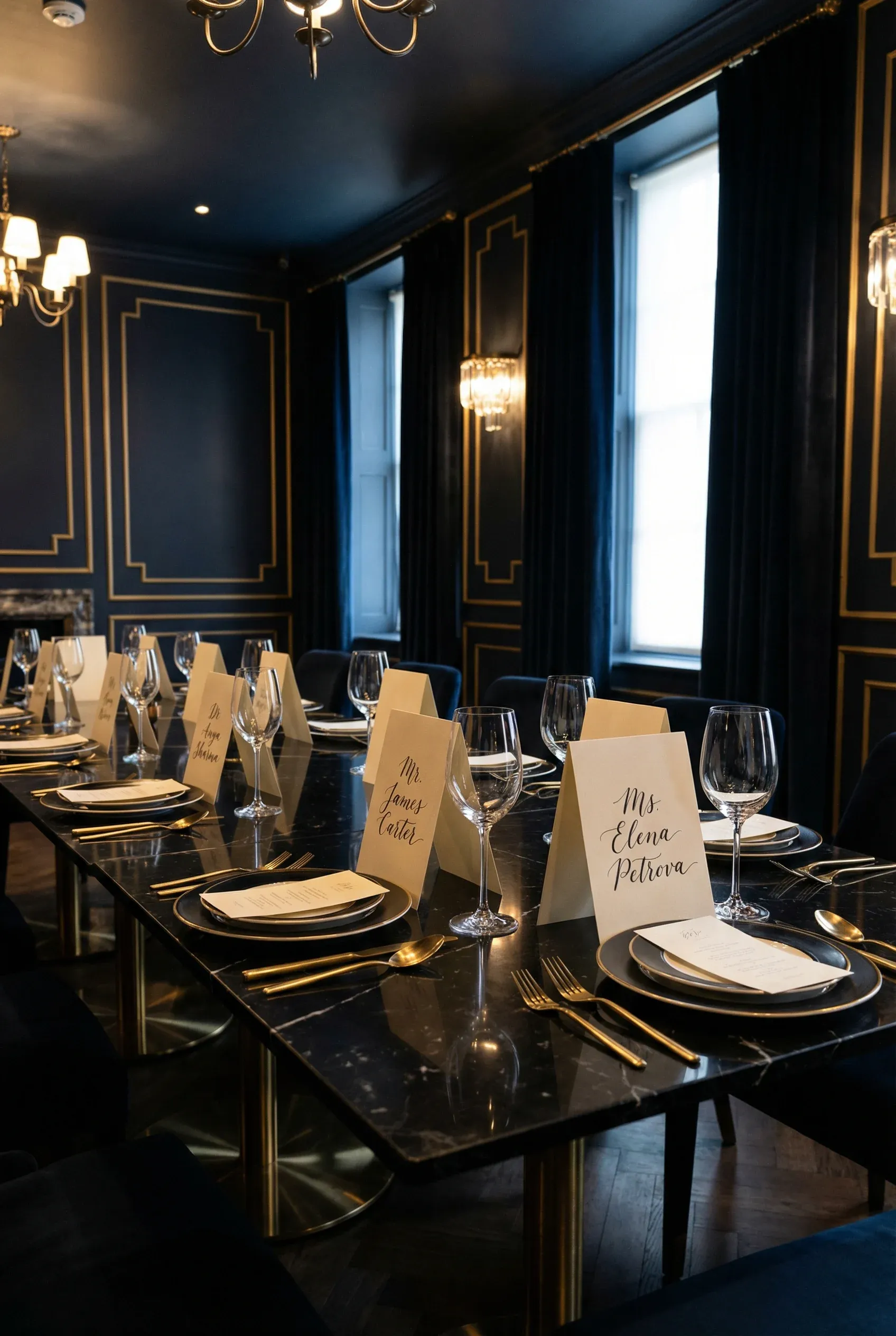 Handwritten calligraphy place cards on a black marble table in a moody, elegant dining room.