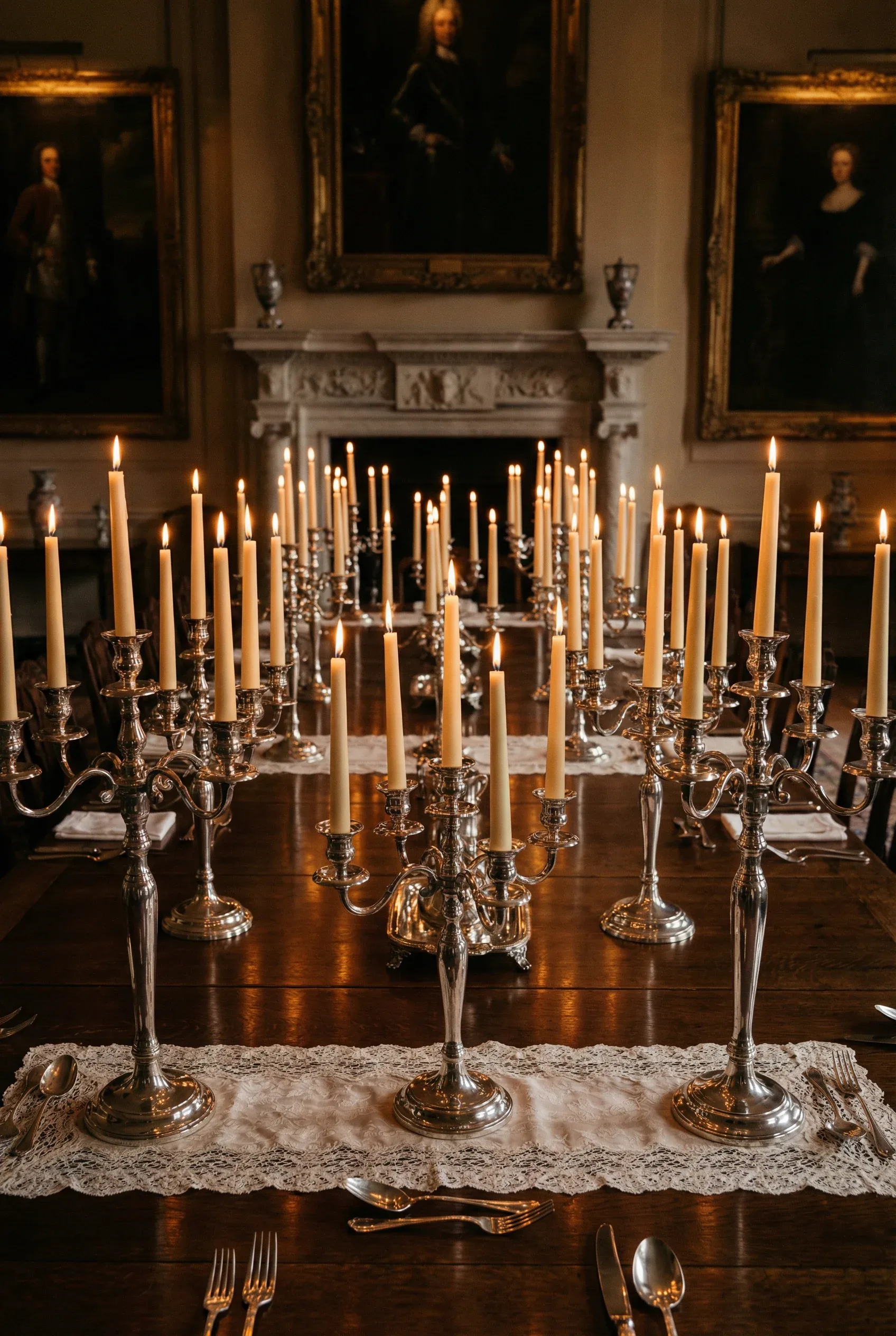 Silver candelabras with glowing tapered candles on a long antique dining table.