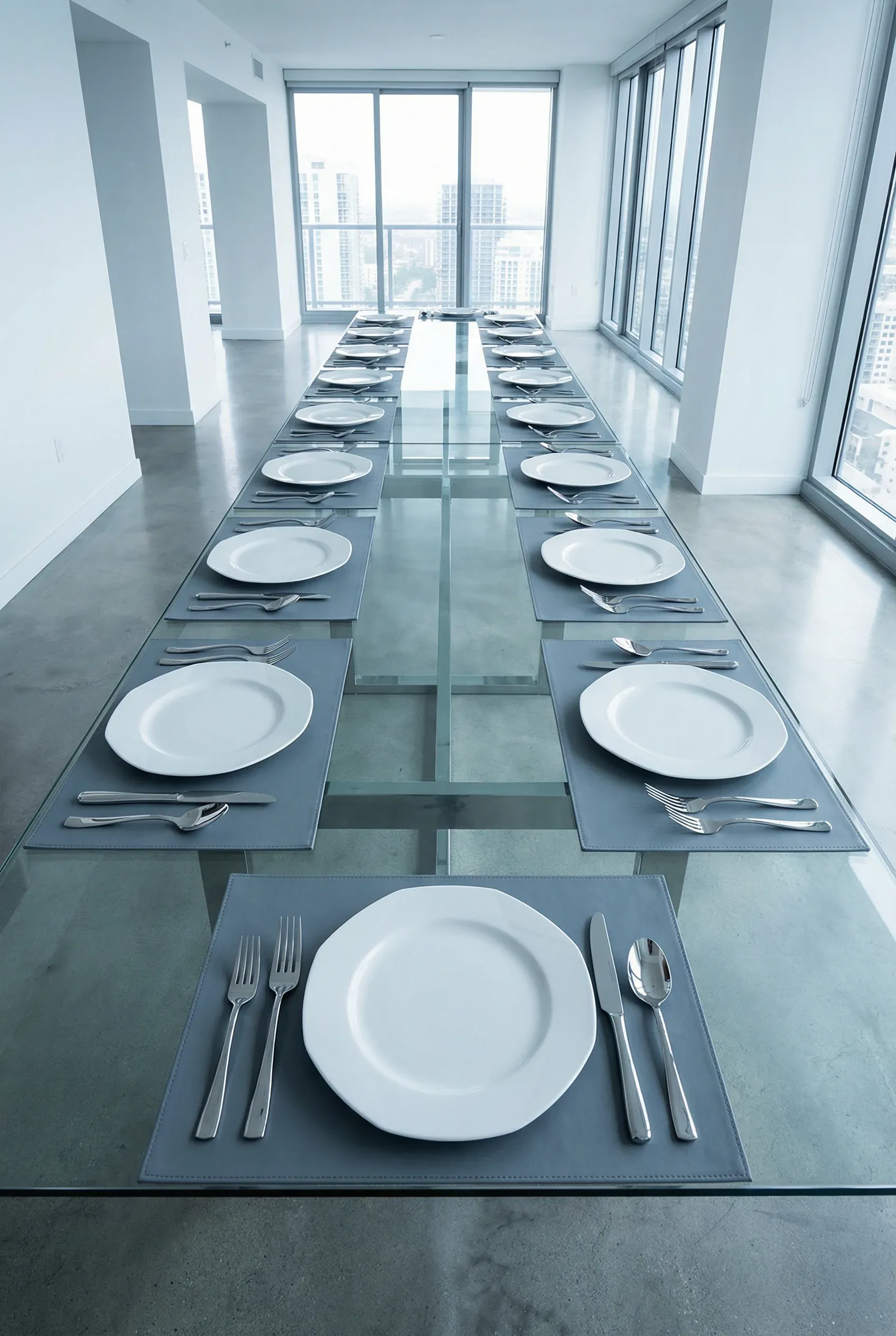 A precise formal five-piece flatware layout on a glass-top table in a modern dining room.